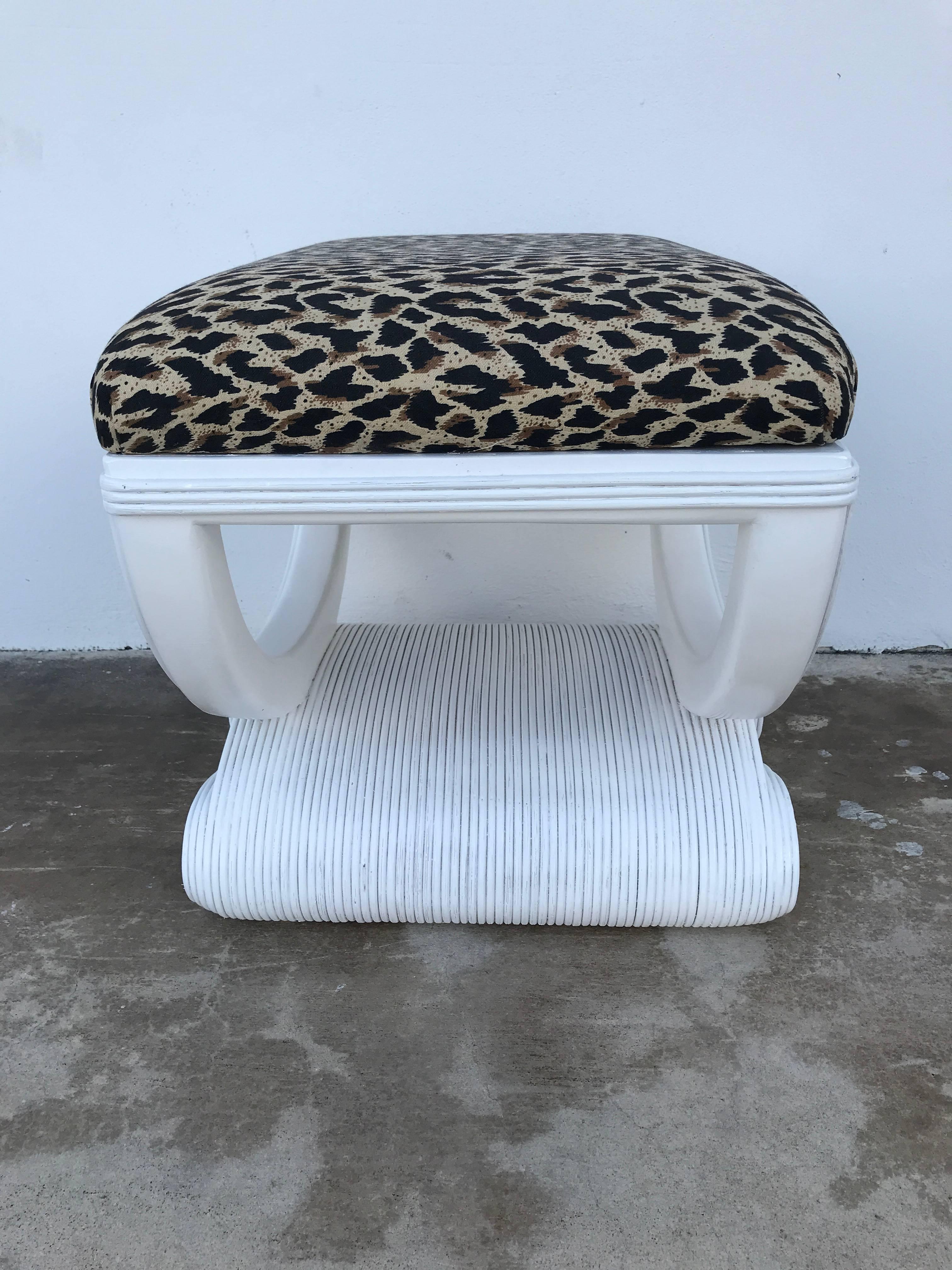 Mid-Century Modern White Lacquered Rattan Bench 