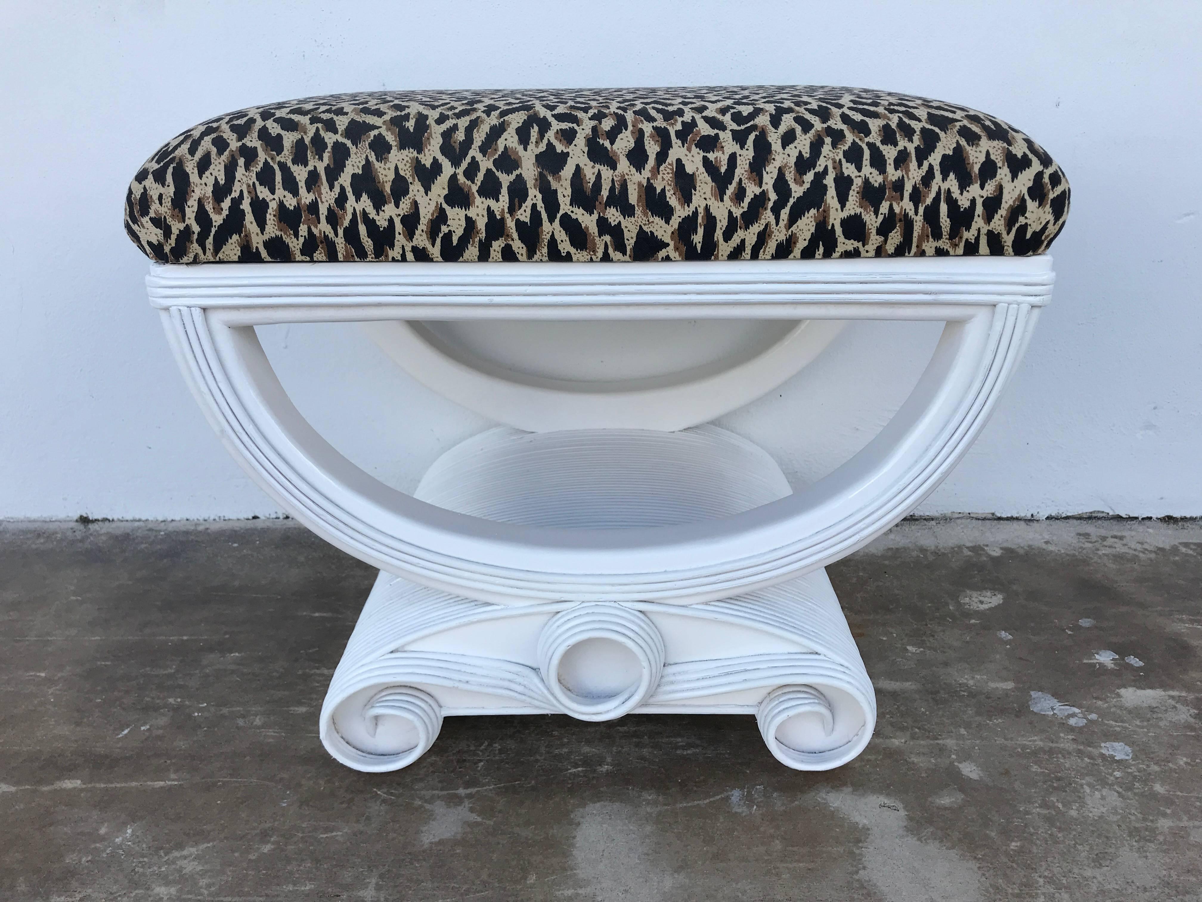 White Lacquered Rattan Bench  In Good Condition In West Palm Beach, FL