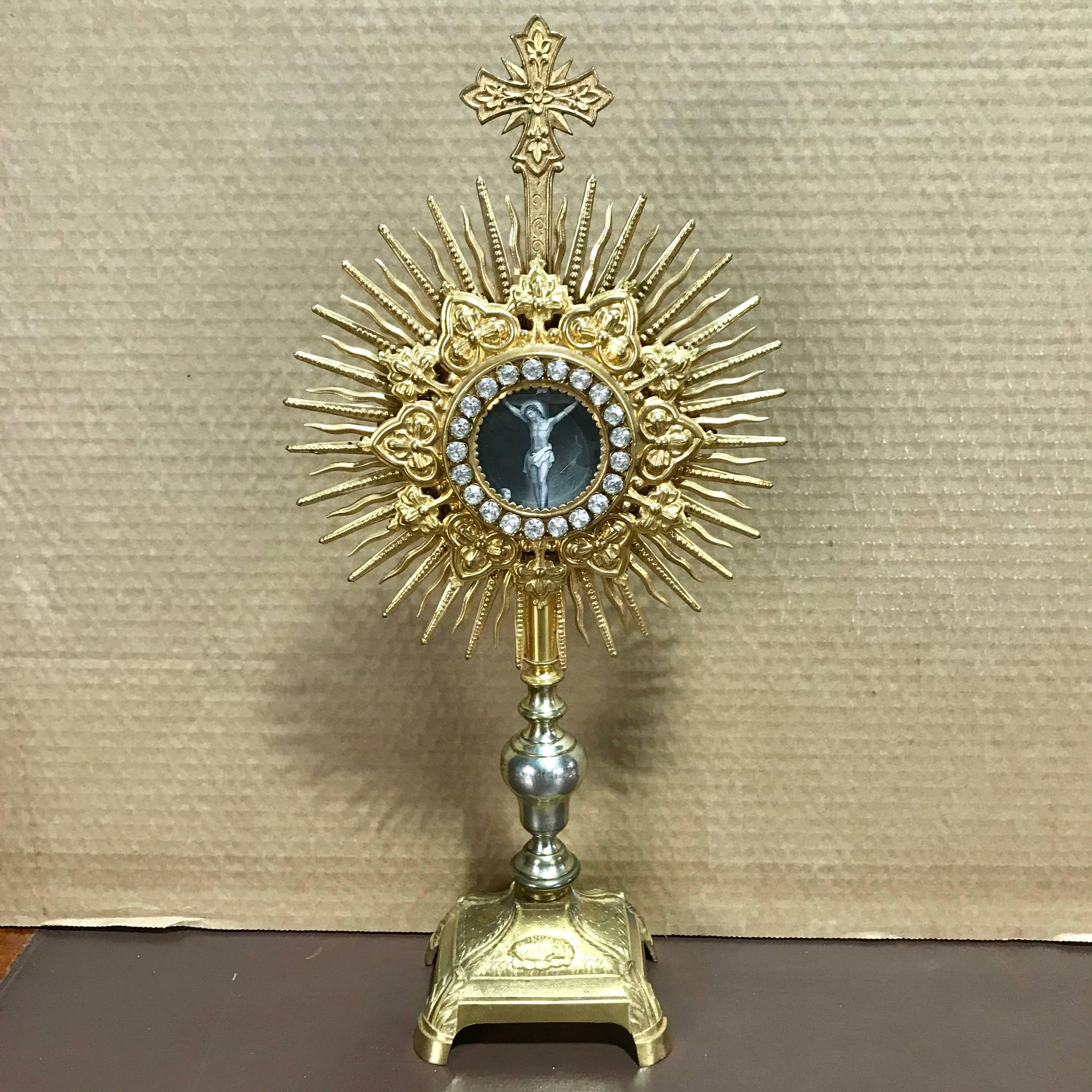 Stunning Antique French Gilt Bronze and Paste Monstrance 3