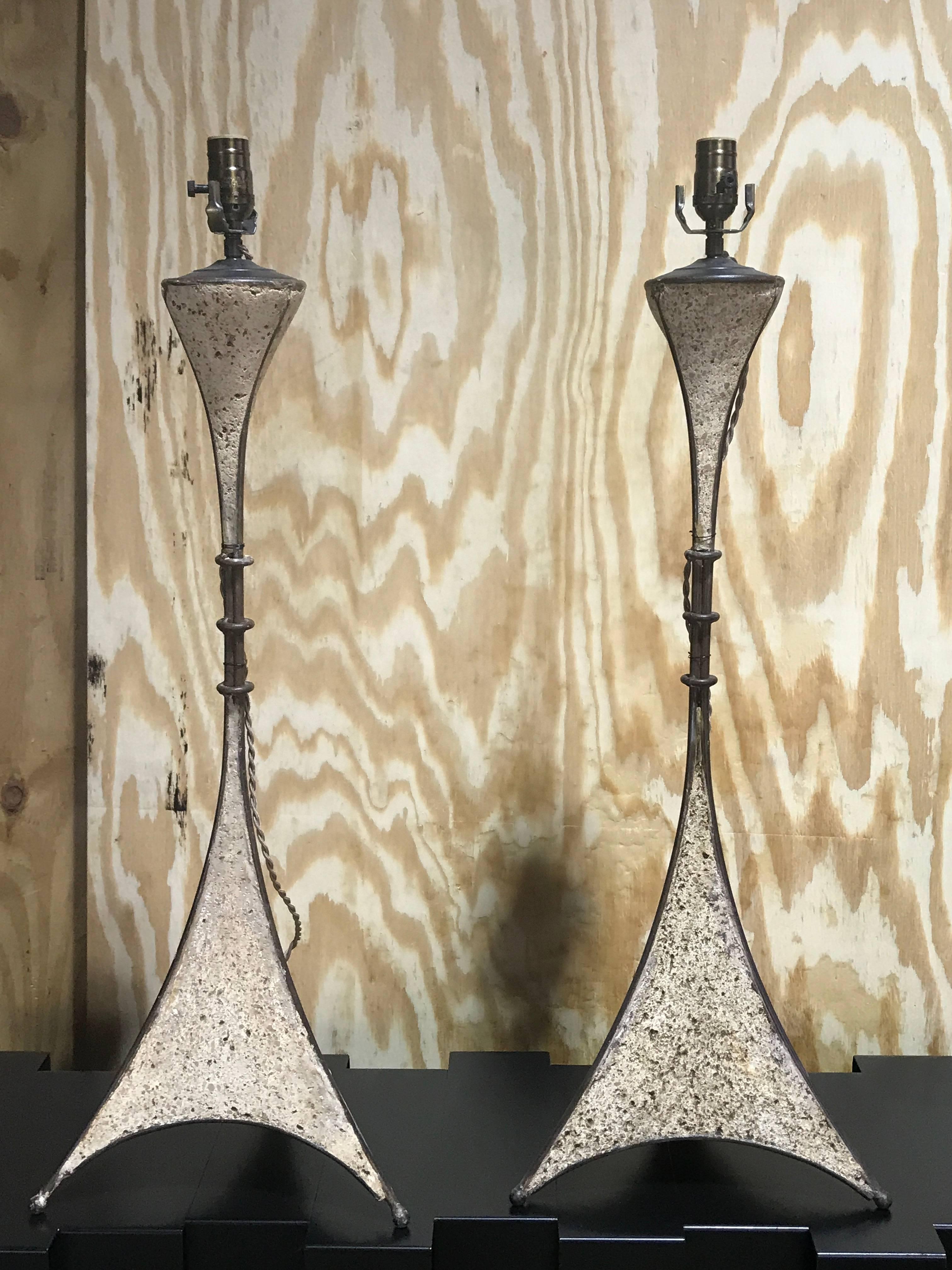 Forged Pair of French Modern Cast Stone and Iron Lamps