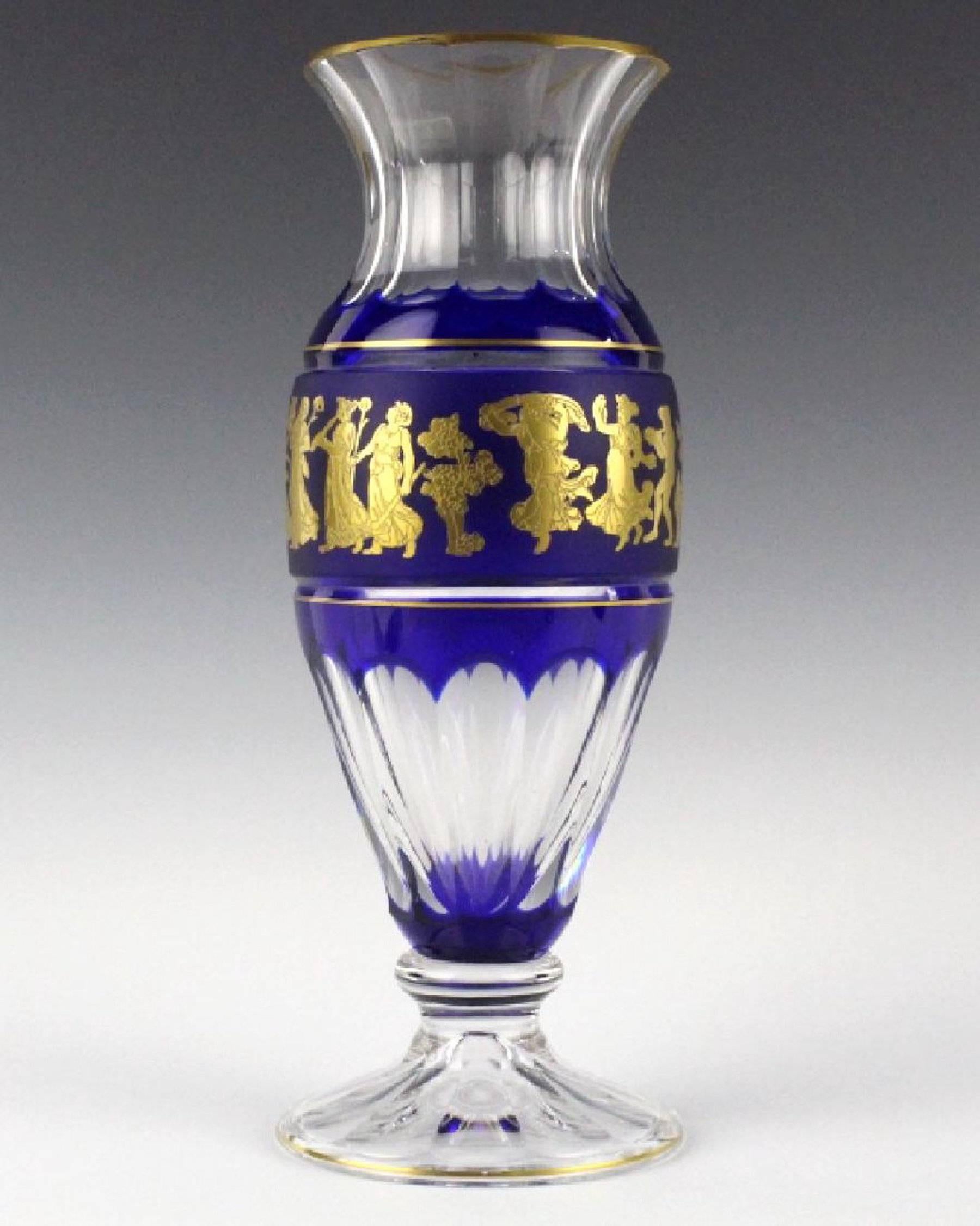 Val St. Lambert, Danse De Flore cobalt vase. Measures: 4