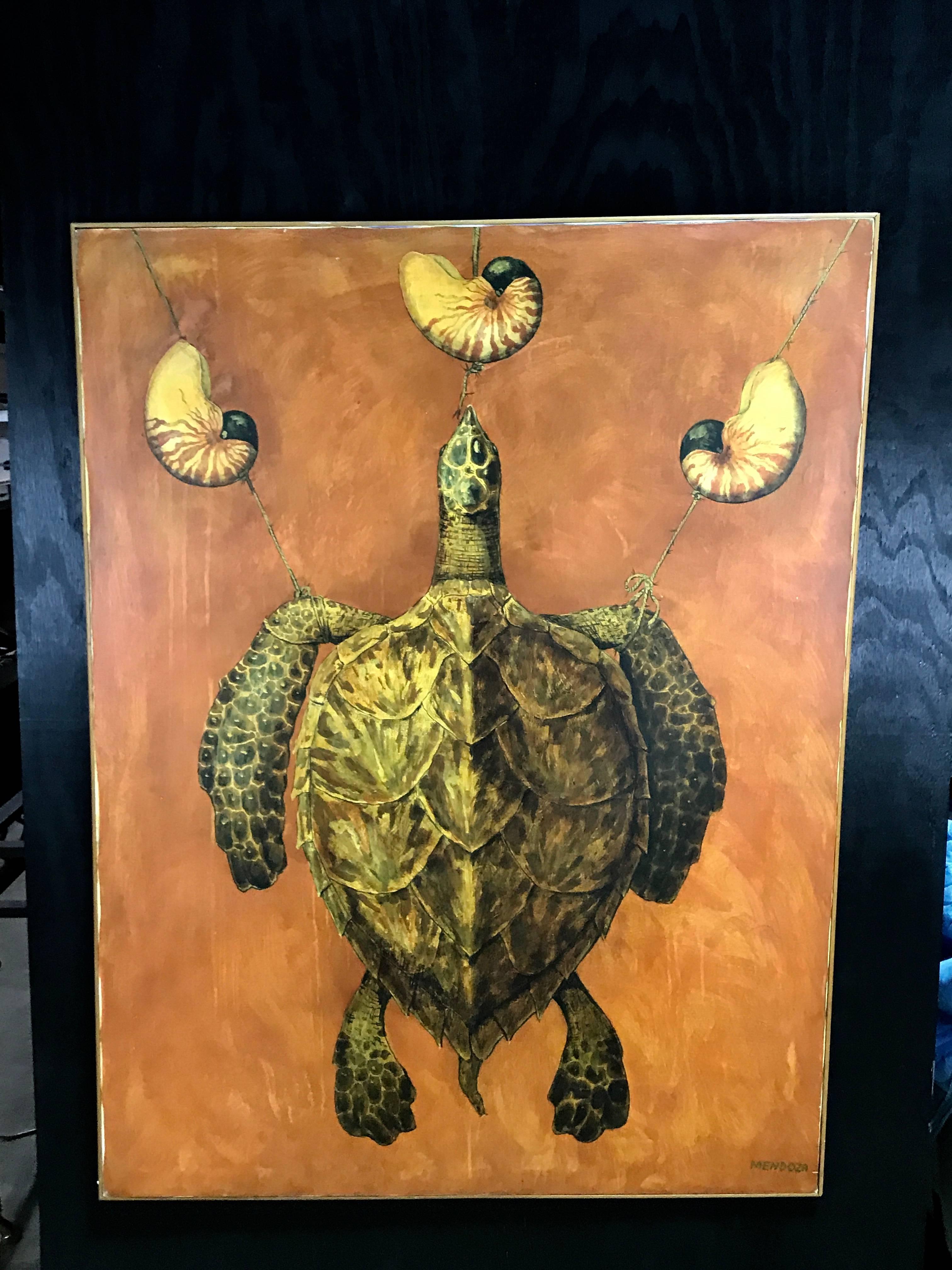 Trompe L'oeil painting by Pepe Mendoza, Mexican, 20th century 
Still life turtle and shells
Signed Mendoza lower right
Oil on canvas 38