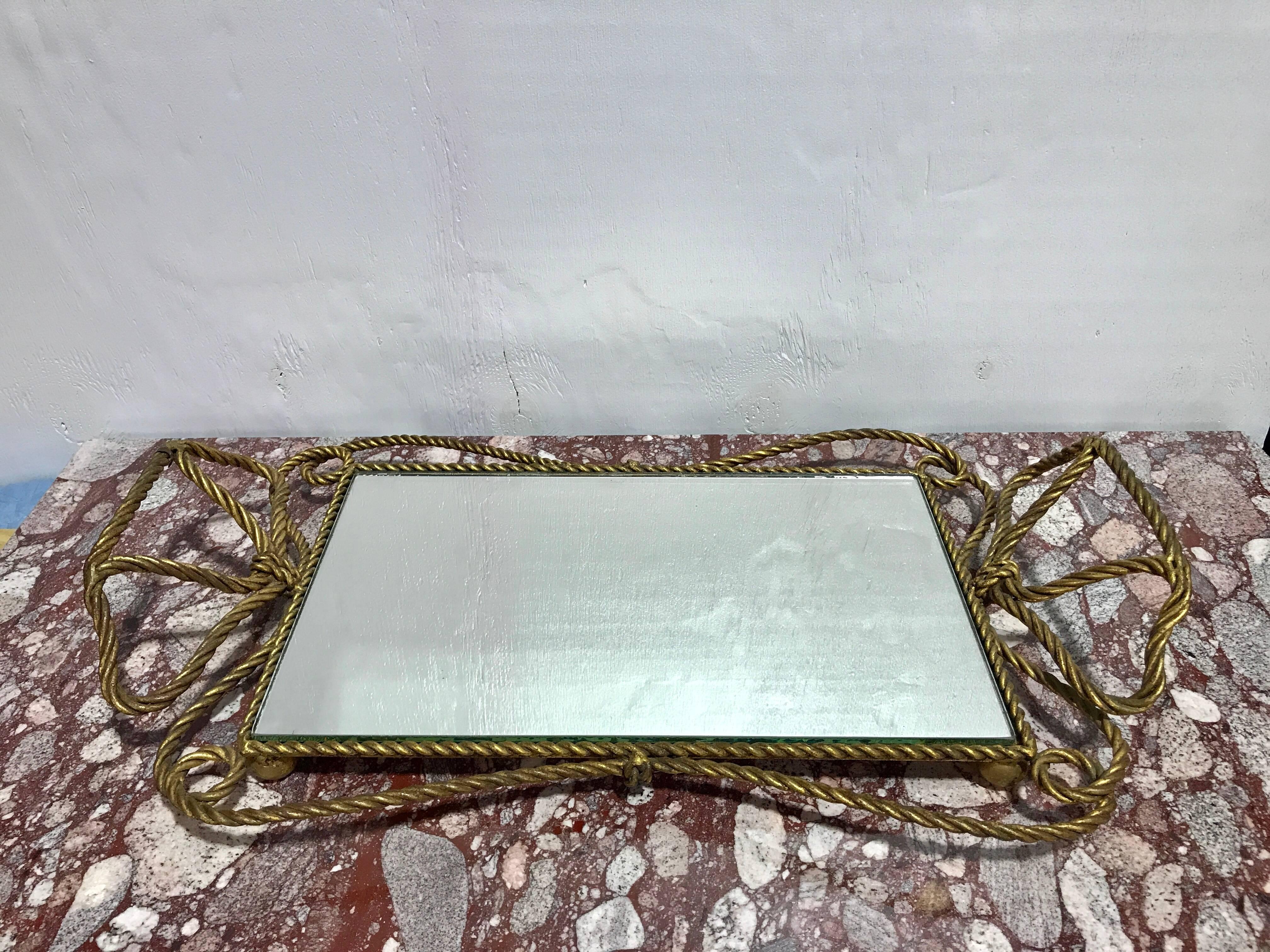 Italian Gilt Rope Motif Vanity Tray, Of generous proportions, with a 10"x 16" inset mirror 


