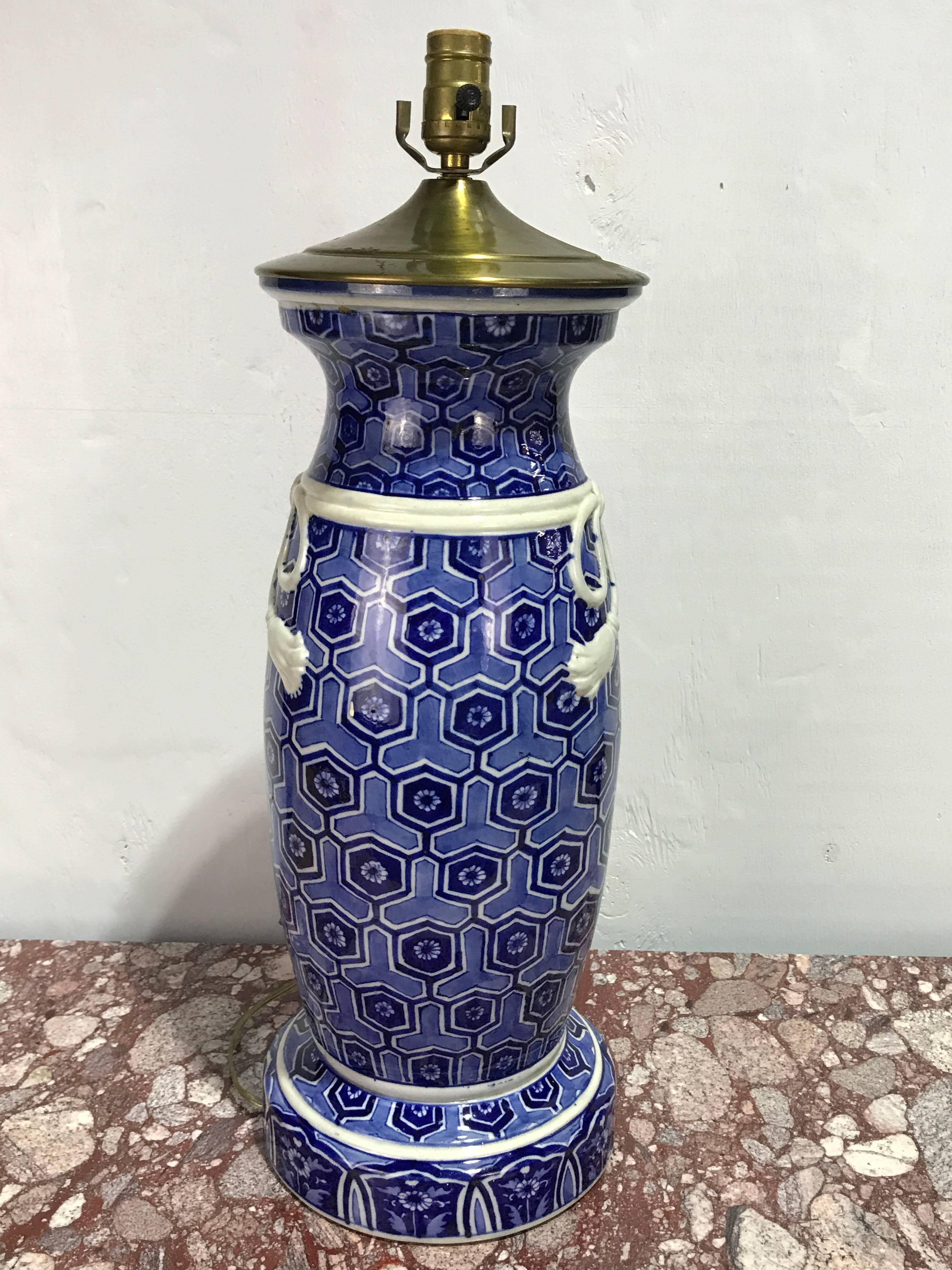Large Japanese Blue and White Fukagawa Vase Now as a Lamp 1