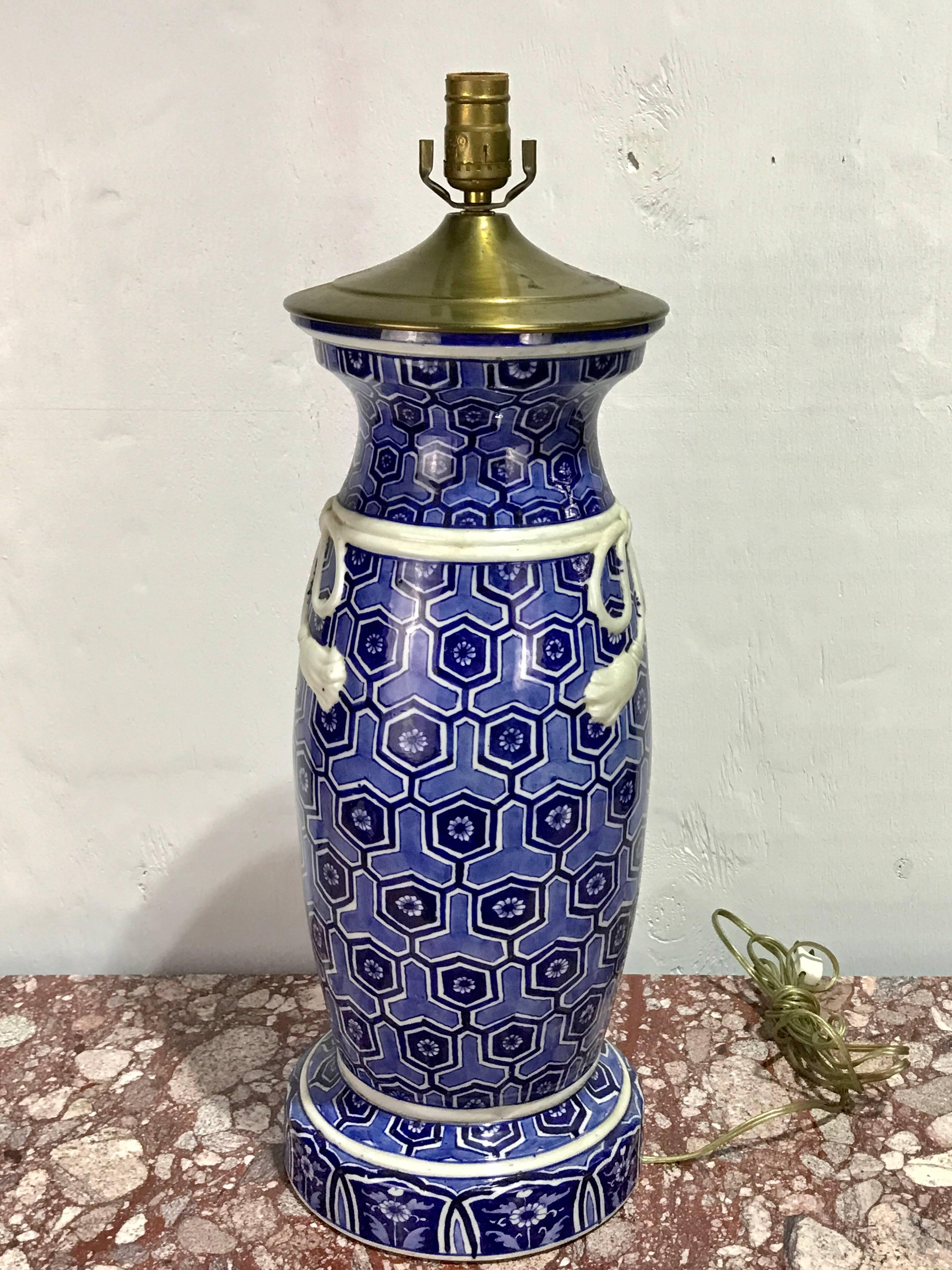 20th Century Large Japanese Blue and White Fukagawa Vase Now as a Lamp