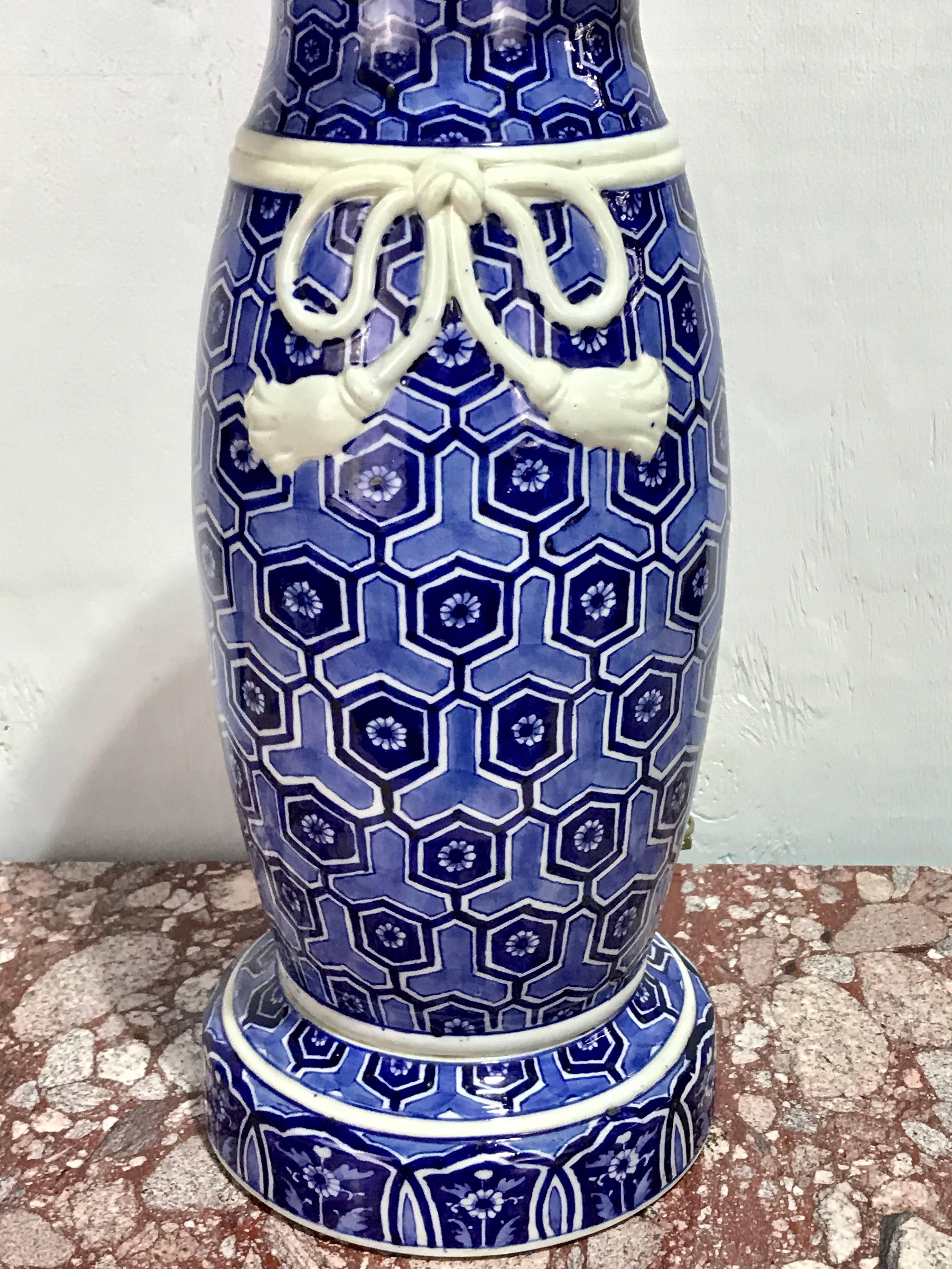 Large Japanese Blue and White Fukagawa Vase Now as a Lamp In Excellent Condition In West Palm Beach, FL