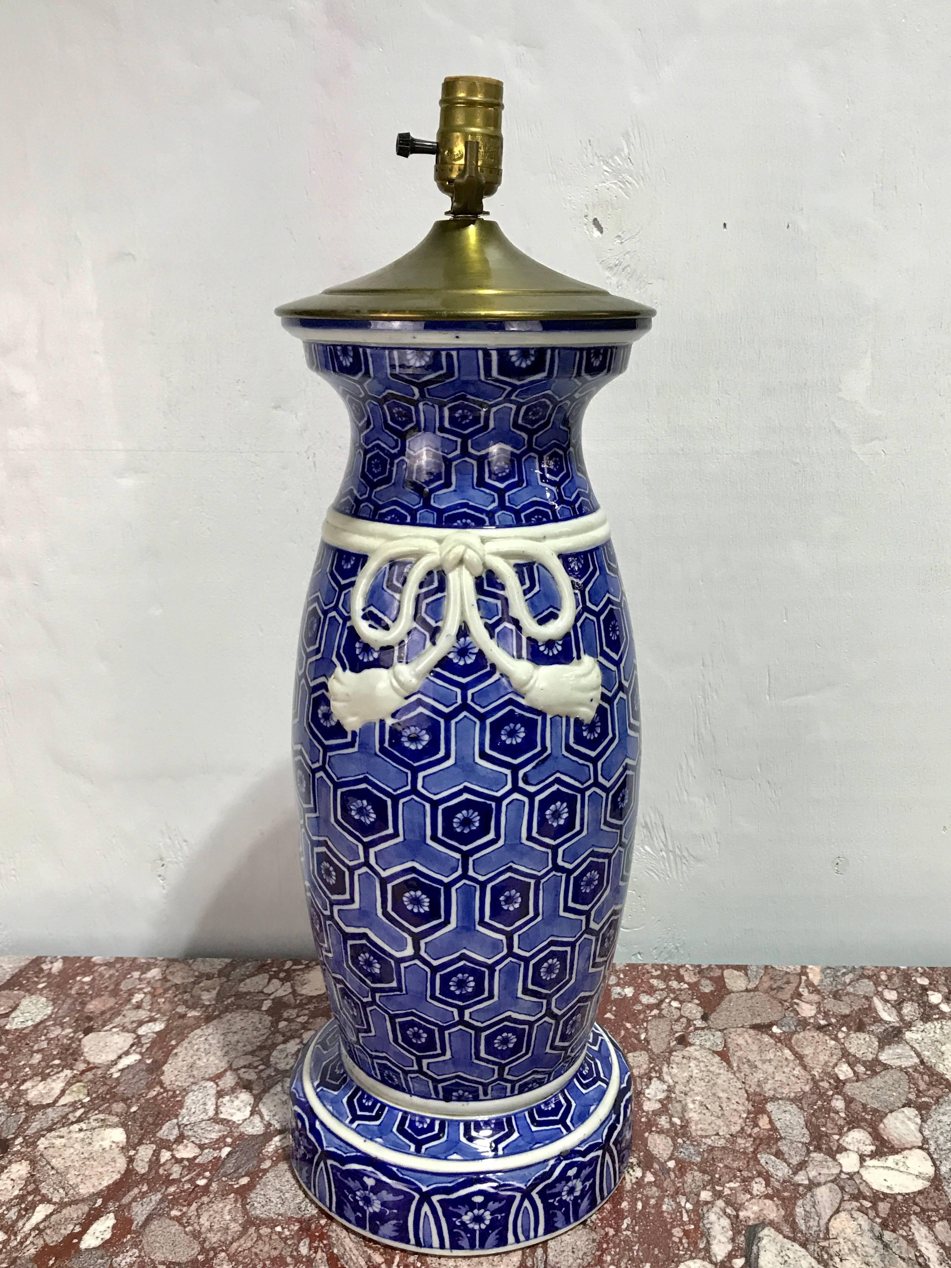 Brass Large Japanese Blue and White Fukagawa Vase Now as a Lamp