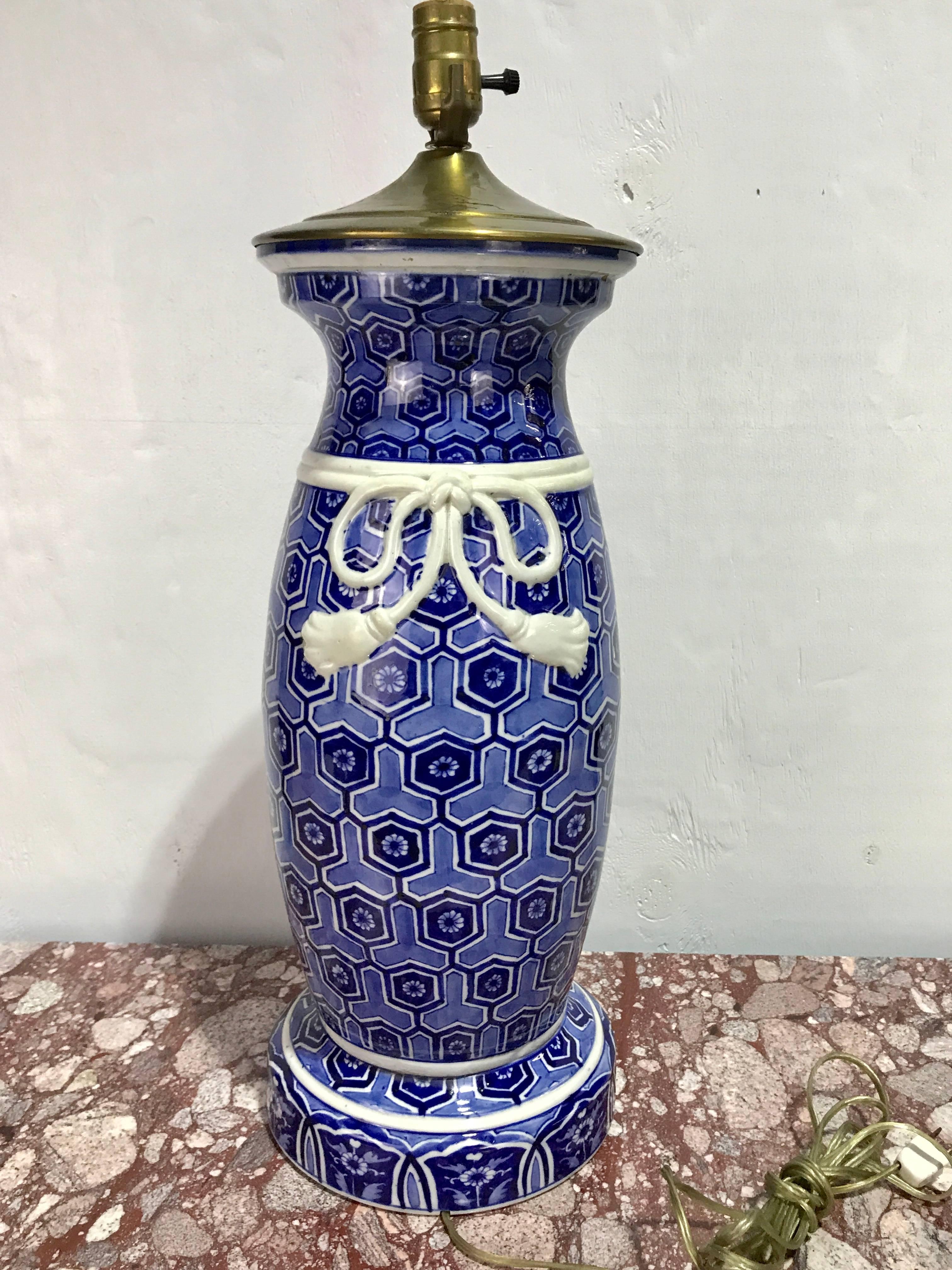 Large Japanese blue and white Imari vase, now as a lamp. Unusual double tassel (front and back) with all over geometric decoration. Attributed to Fukagawa, measure: standing 20