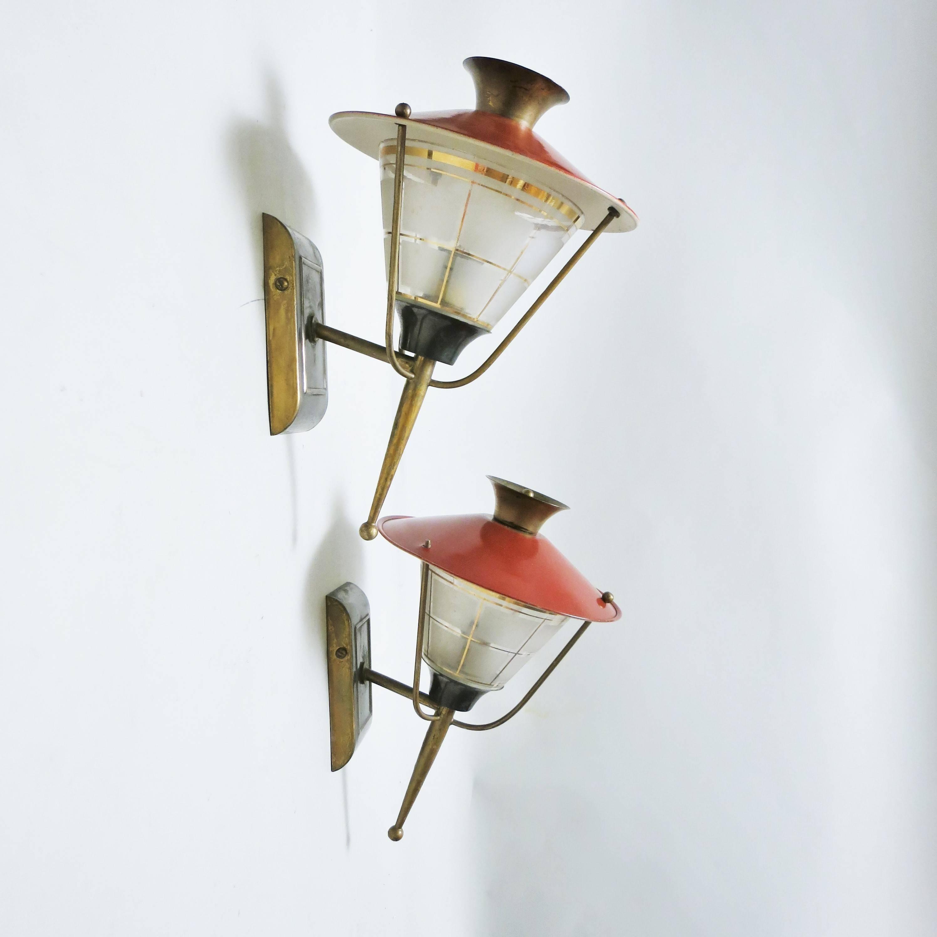 Mid-20th Century Pair of French Midcentury Lantern Sconces by Maison Lunel