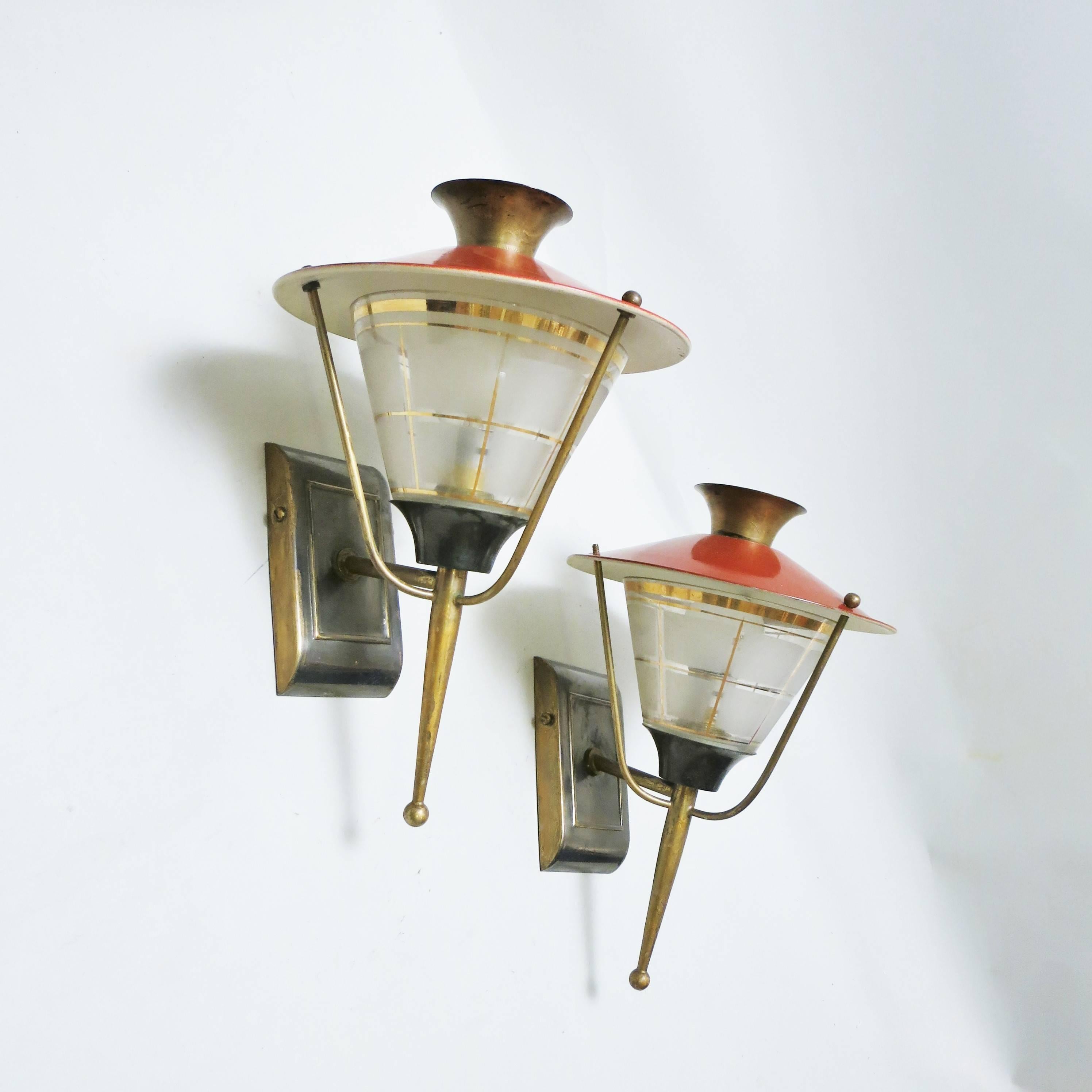 Gilt Pair of French Midcentury Lantern Sconces by Maison Lunel