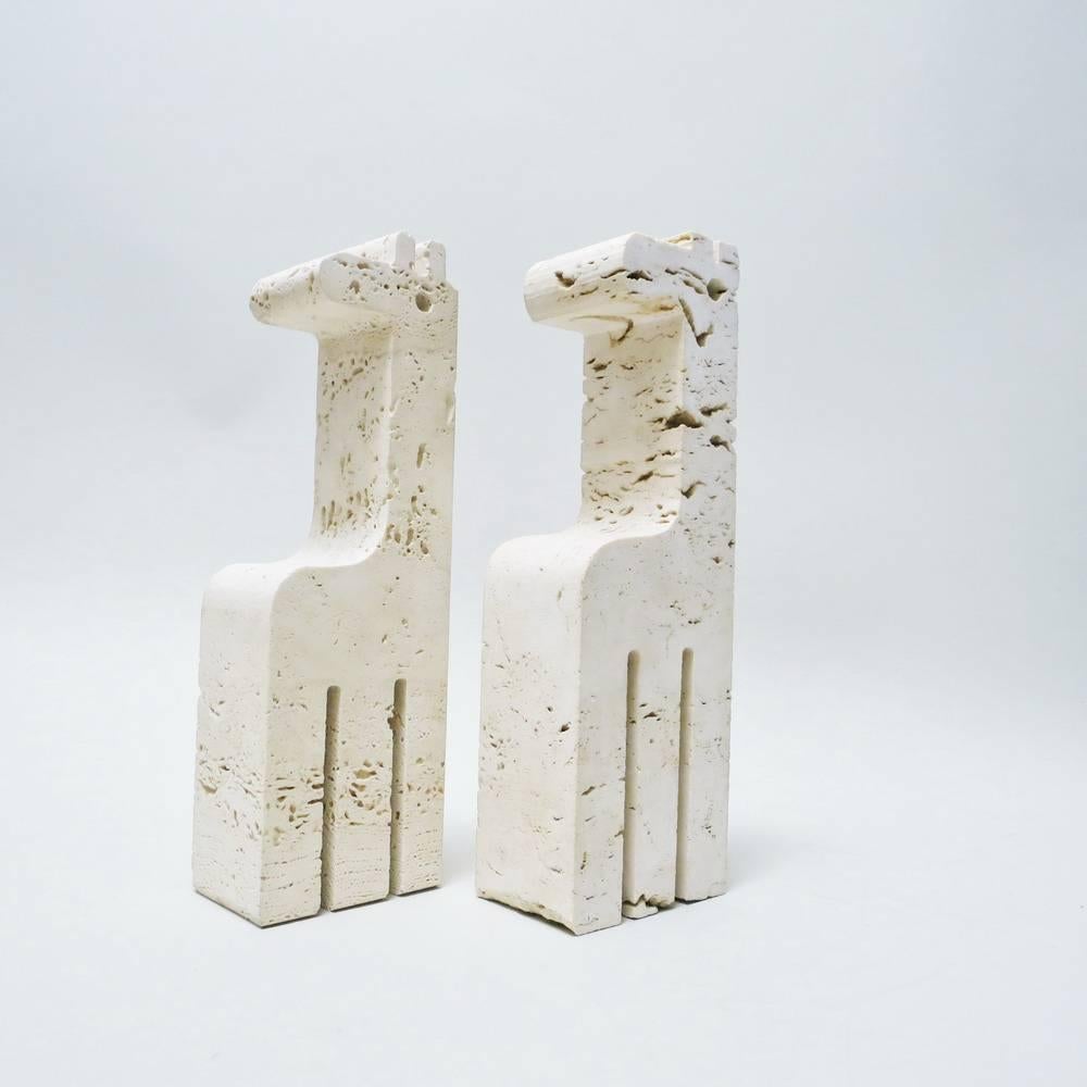 Italian Pair of Giraffe Bookends in Travertine by Fratelli Mannelli