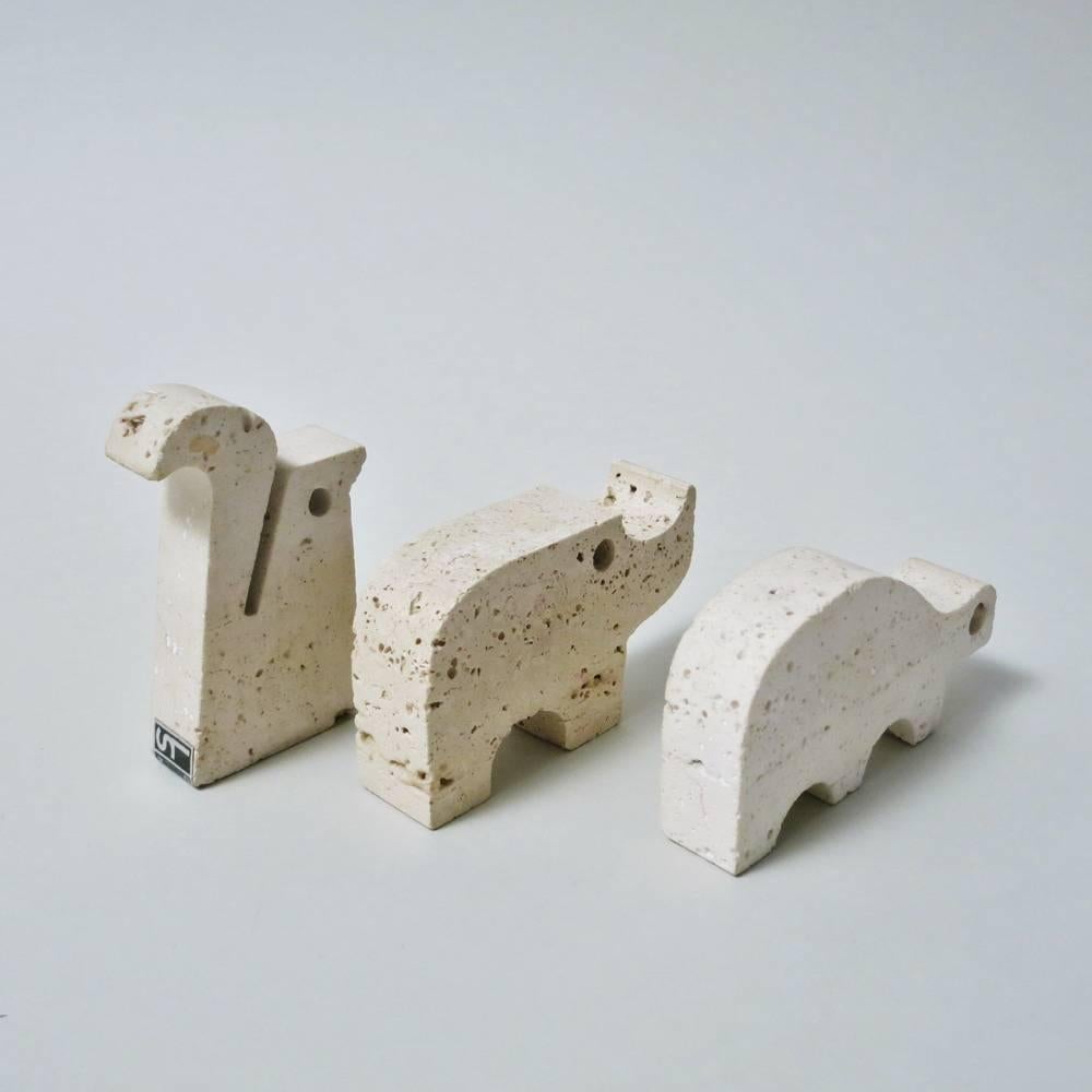 Mid-Century Modern Set of Three Sculptures in Travertine Tortoise, Squirrel, Rhino by Flli Mannelli