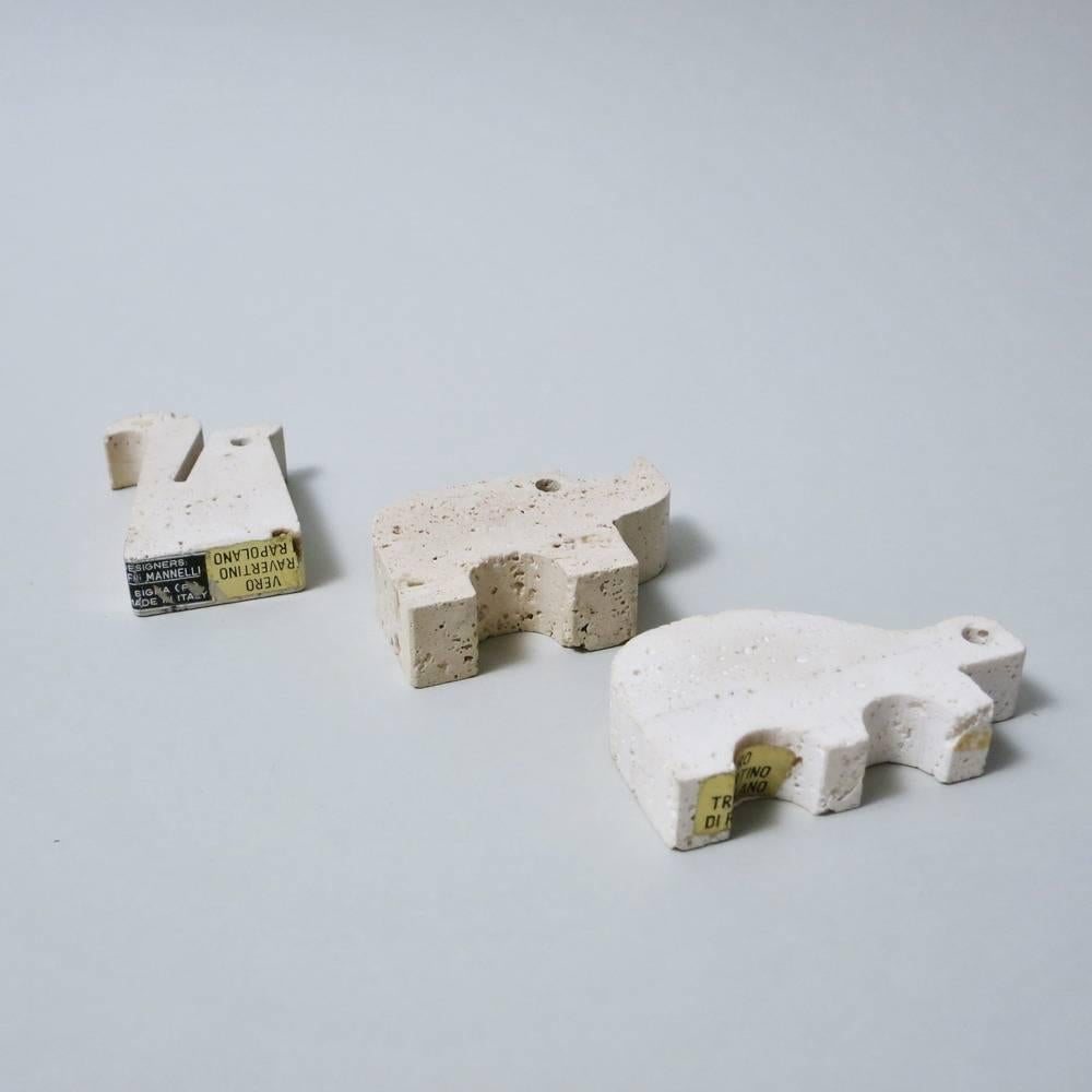 Italian Set of Three Sculptures in Travertine Tortoise, Squirrel, Rhino by Flli Mannelli