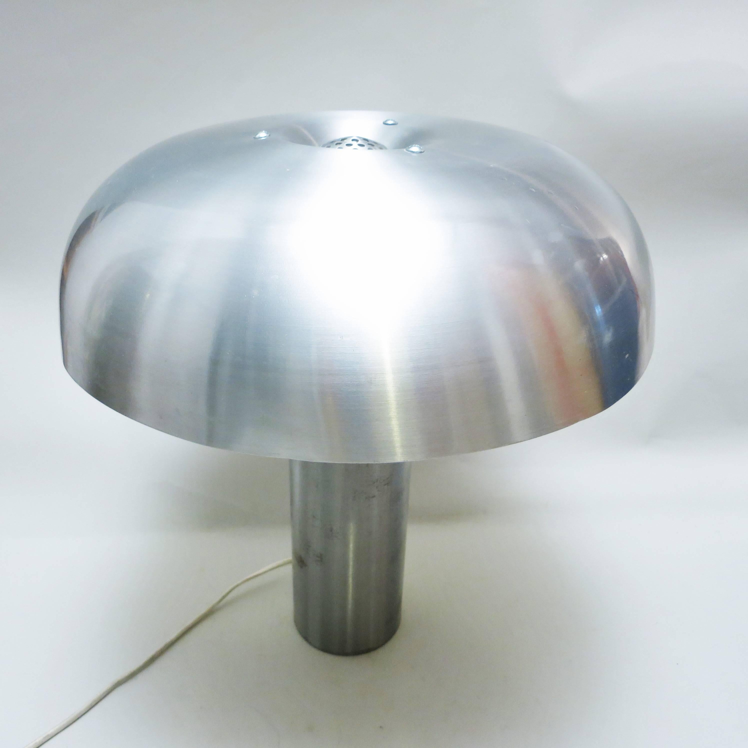 Large French Mushroom lamp of the 1970s in brushed steel and brushed aluminium
Labelled under the base with the name of the model 