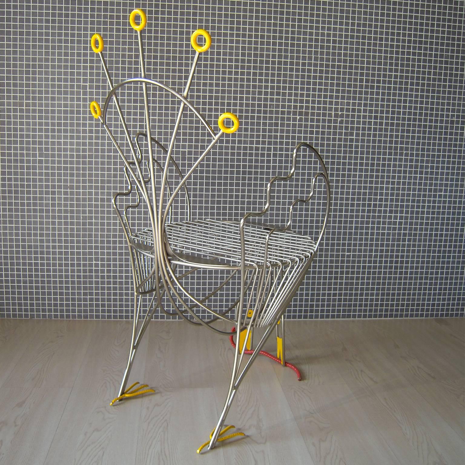 Signed original chair designed by Riccardo Dalisi to Zanotta. 
It looks like a peacock. The chair is nickel-plated steel frame; the 