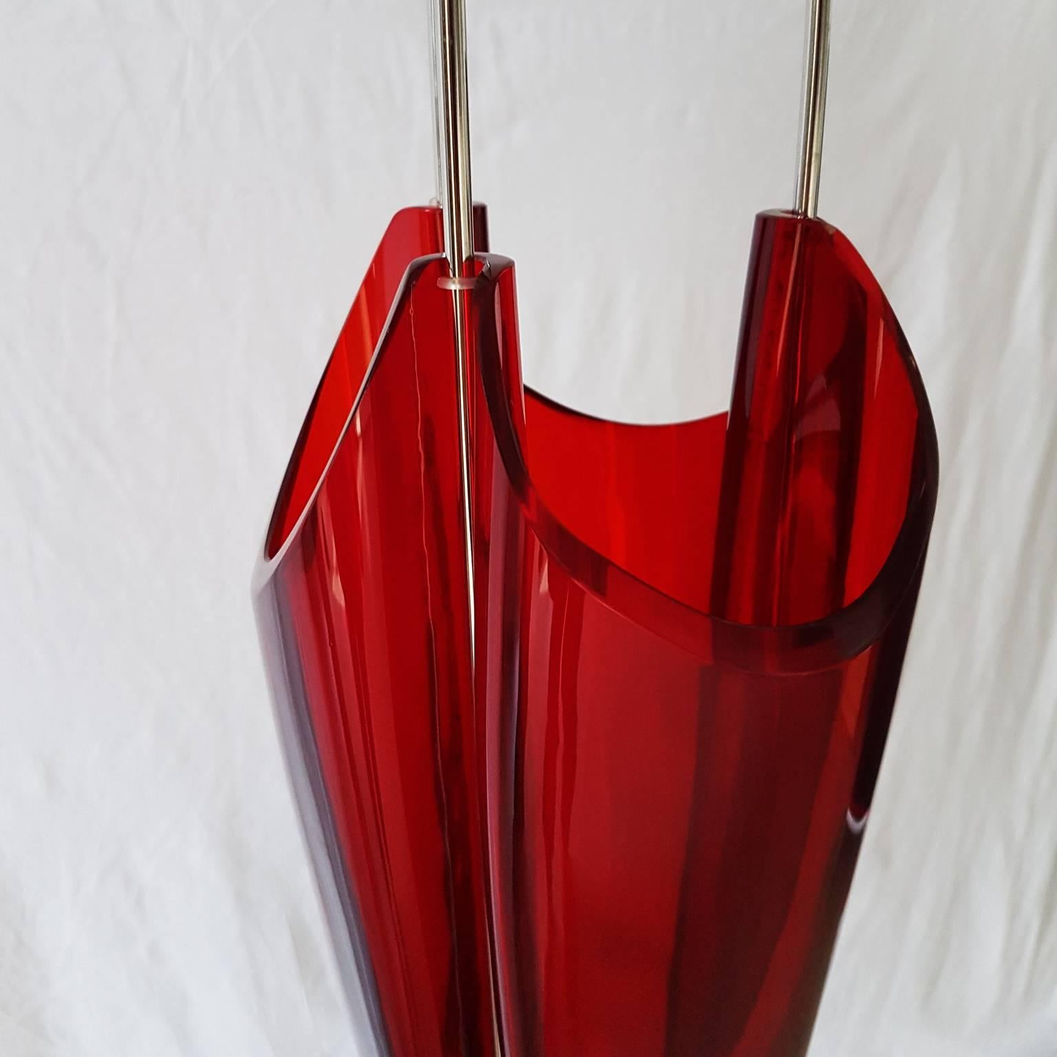 20th Century David Palterer Italian Zanotta Red Murano Crystal Glass Vase with Steel Holder For Sale