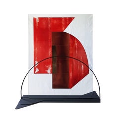 Italian Contemporary Red Etched Art Crystal Glass Sculpture with Black Iron Base