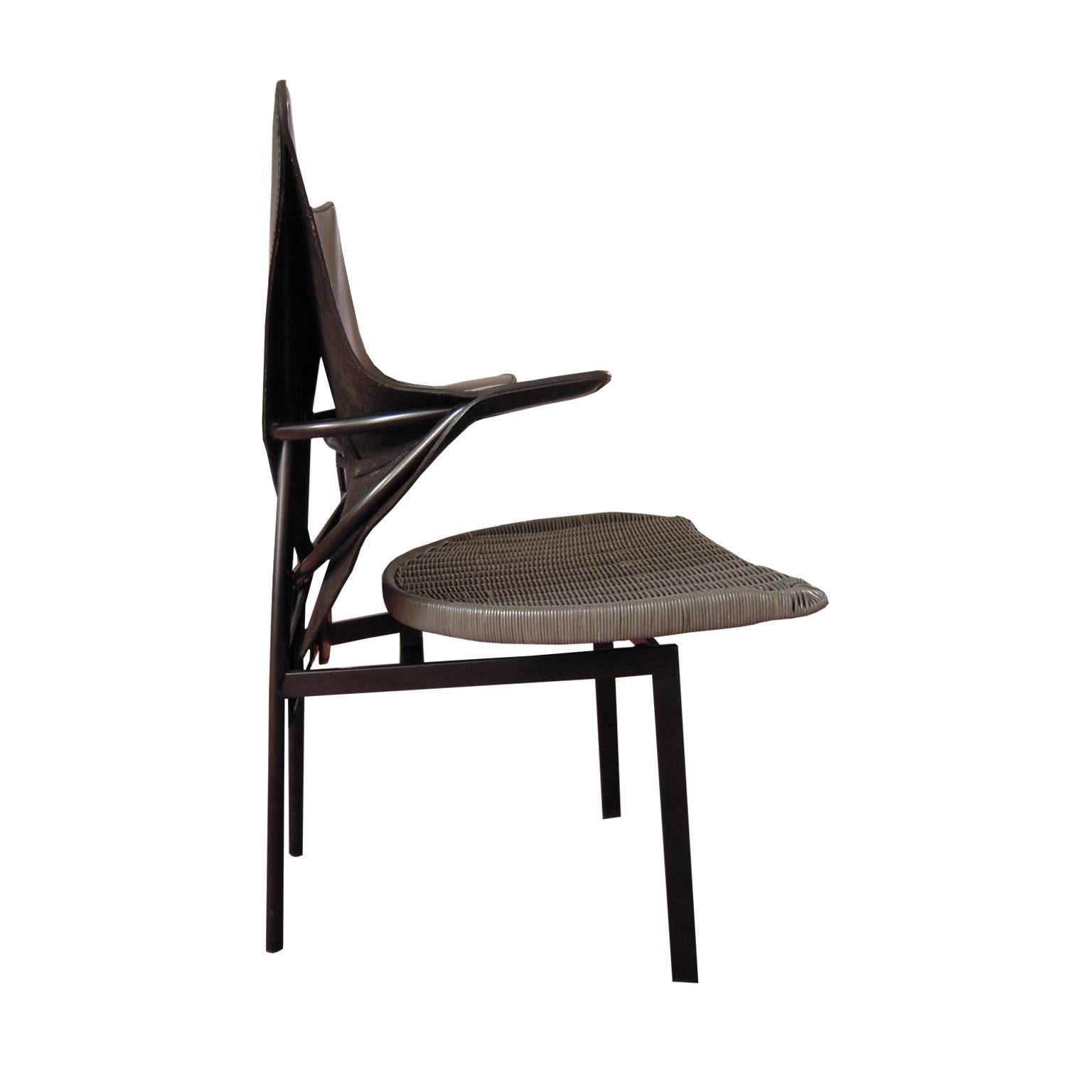 Post-Modern Set of 6 Chair by Deganello in Green Wicker and Black Cowhide, Late 20th Century