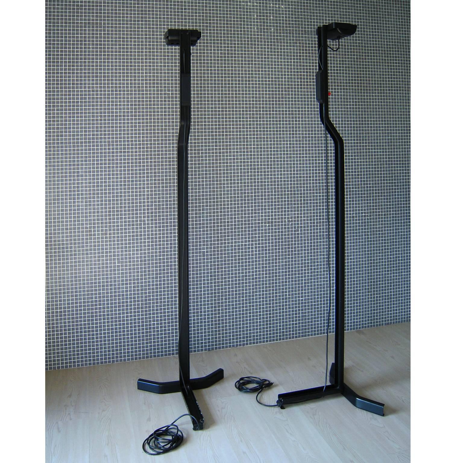 Floor lamp designed by Kazuhide Takahama and produced by Sirrah, in the 70'.
Matte black metal floor lamp with adjustable and ventilated reflector. 
The lamp is equipped with protection fuse and brightness controller with built-in switch.