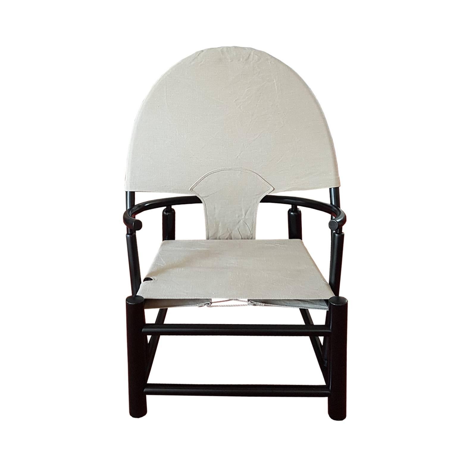 Scandinavian Modern Danish Lounge Chair Curved Black Wood Beige Canvas Scandinavia Late 20th Centur