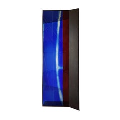 Italian Blue Etched Art Crystal Glass Sculpture with Black Iron Base