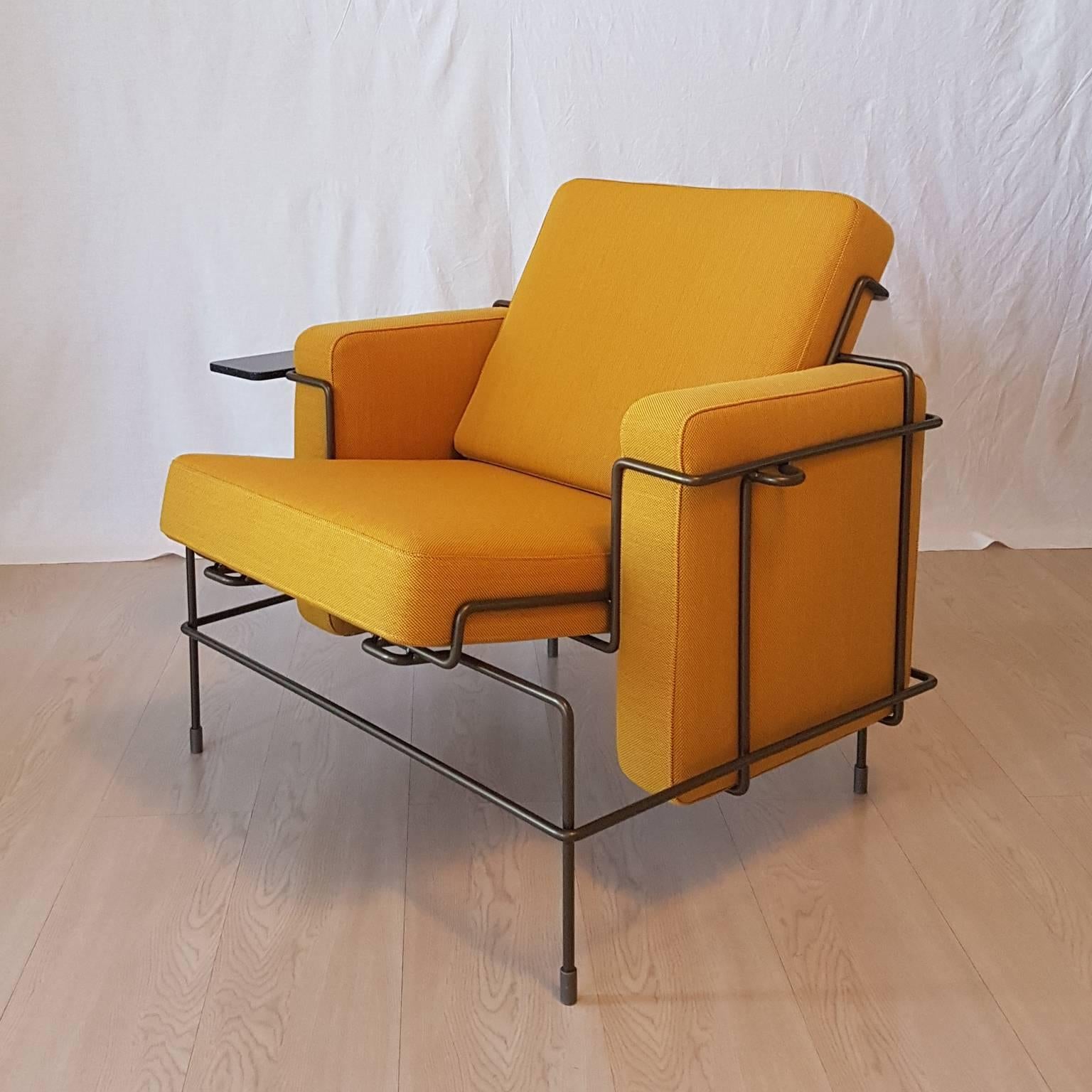 Contemporary Konstantin Grcic Italian Yellow Fabric Armchair with Brown Steel Frame For Sale