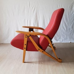 Carlo Mollino Red Leather, Ash Wood Italian Zanotta Armchair with Recling Back