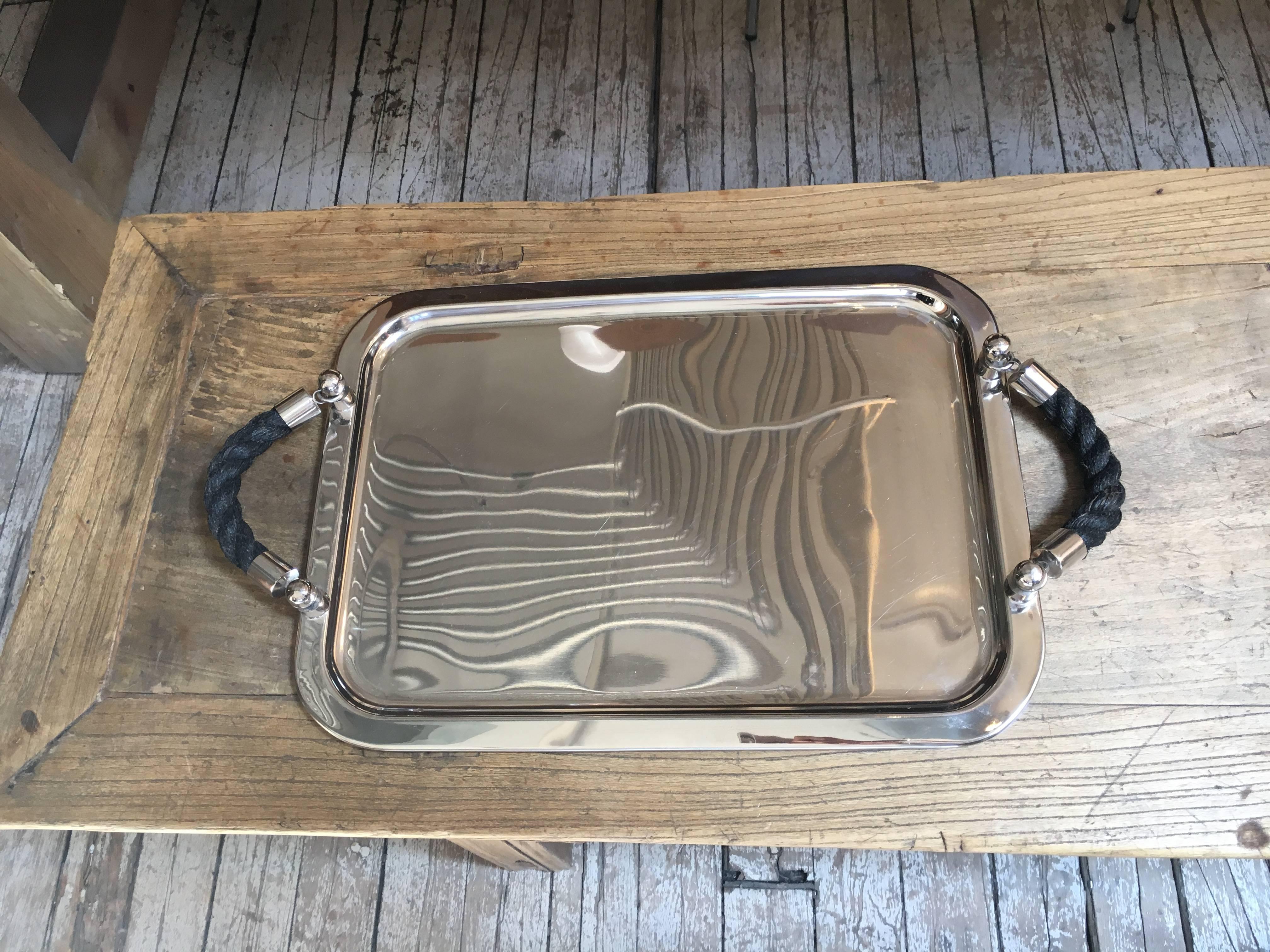 Malibu Tray in Black, Stainless Steel with Black Rope Handles In Good Condition For Sale In New York, NY
