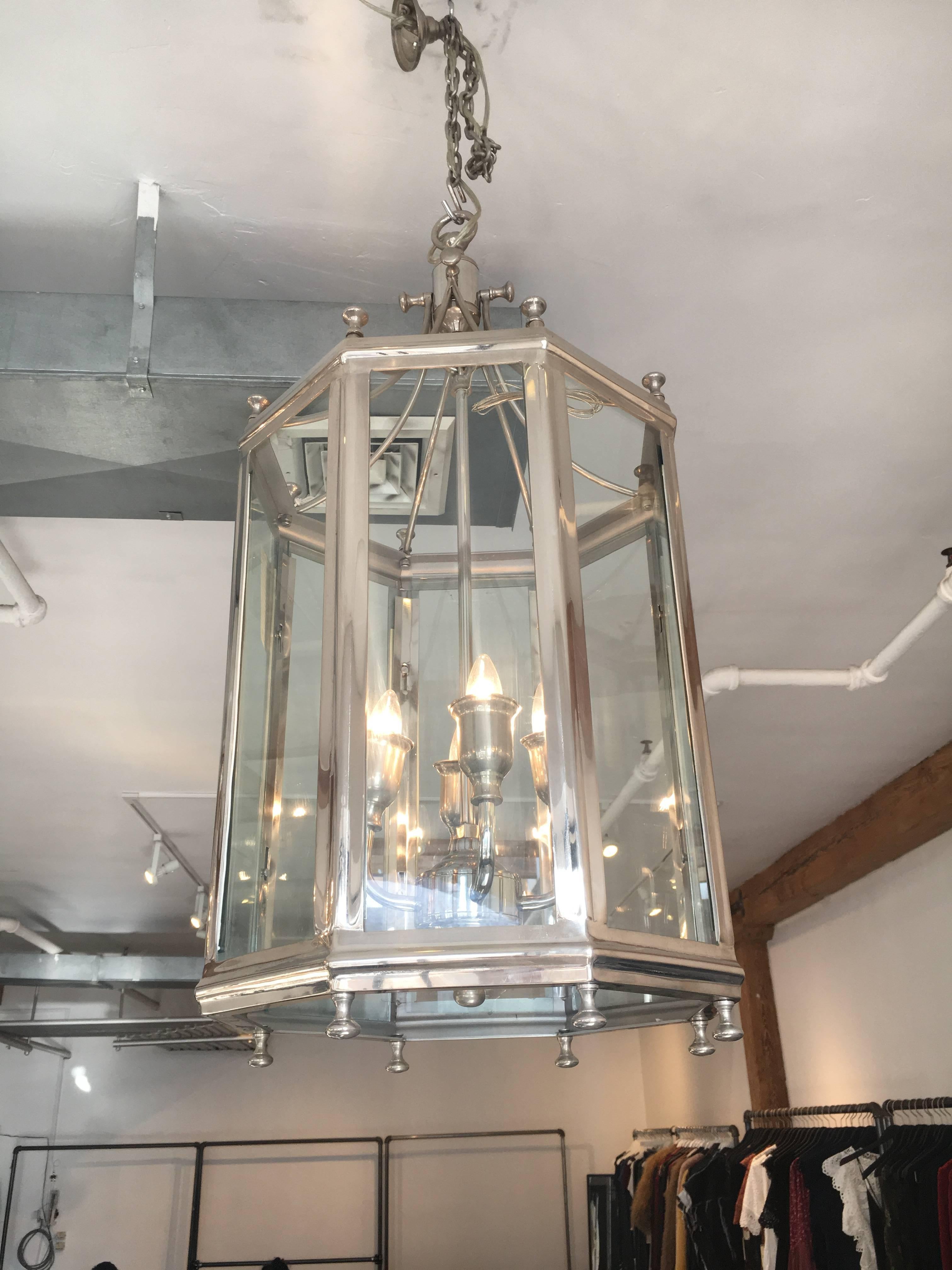 Stainless Steel Pair of Lantern Chandeliers For Sale