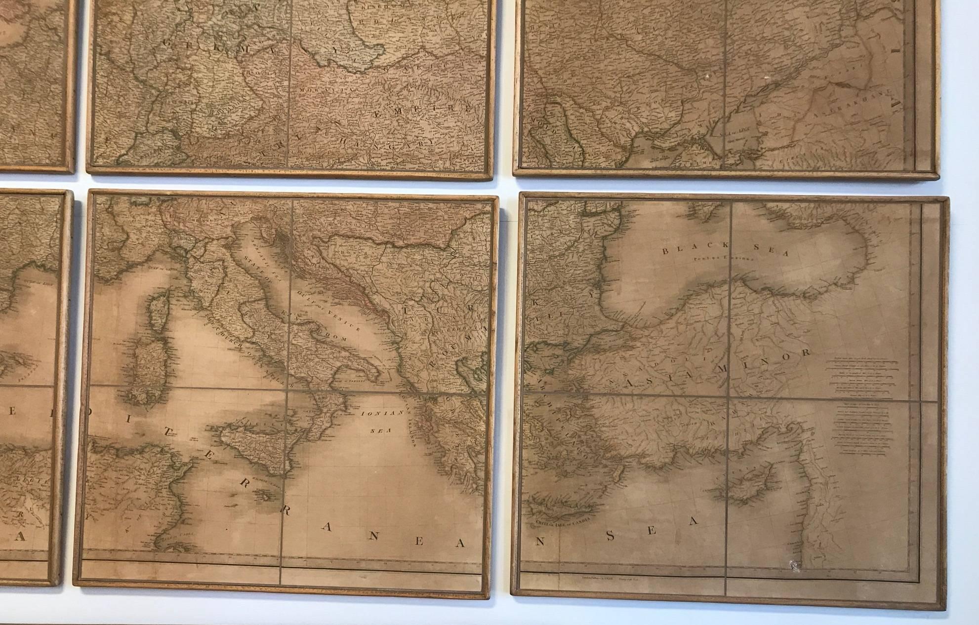 Vintage map of Europe divided into nine separate frames which each have dimensions of D.75