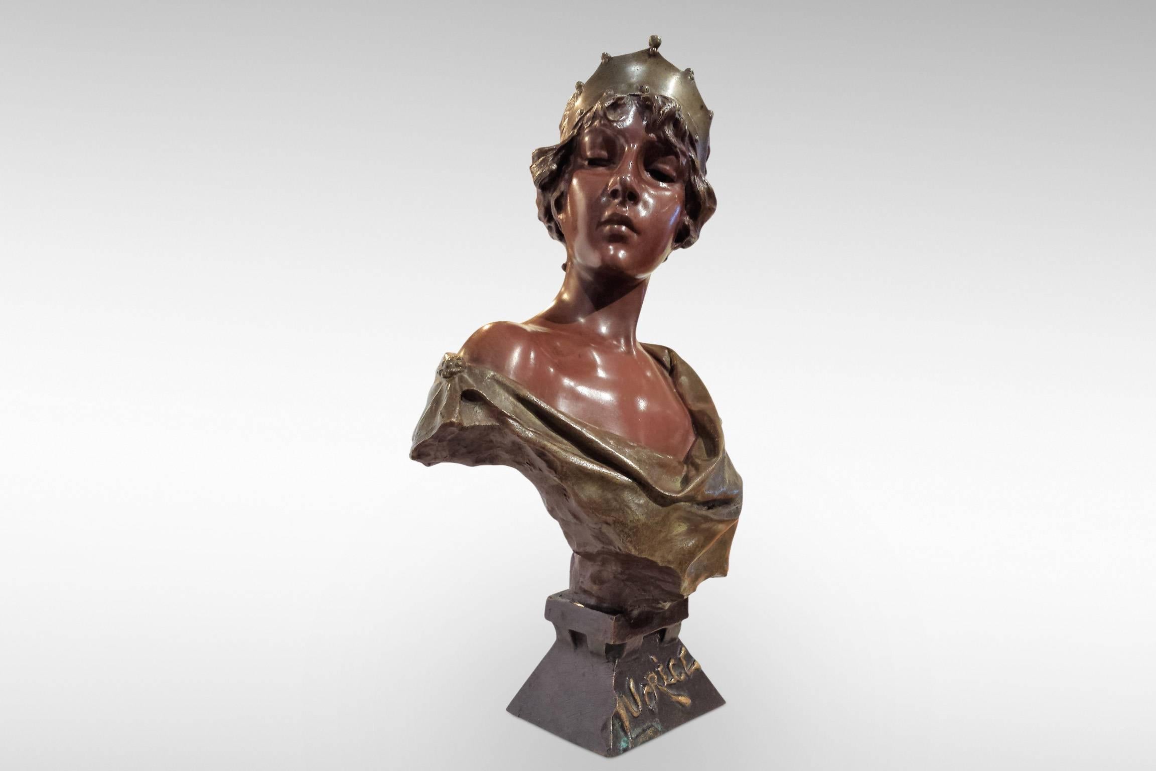 'Lucrece' is an Art Nouveau bronze sculpture by Emmanuel Villanis.
Signed 'E Villanis' to the arm, with title and foundary marks to the base.
circa 1890.