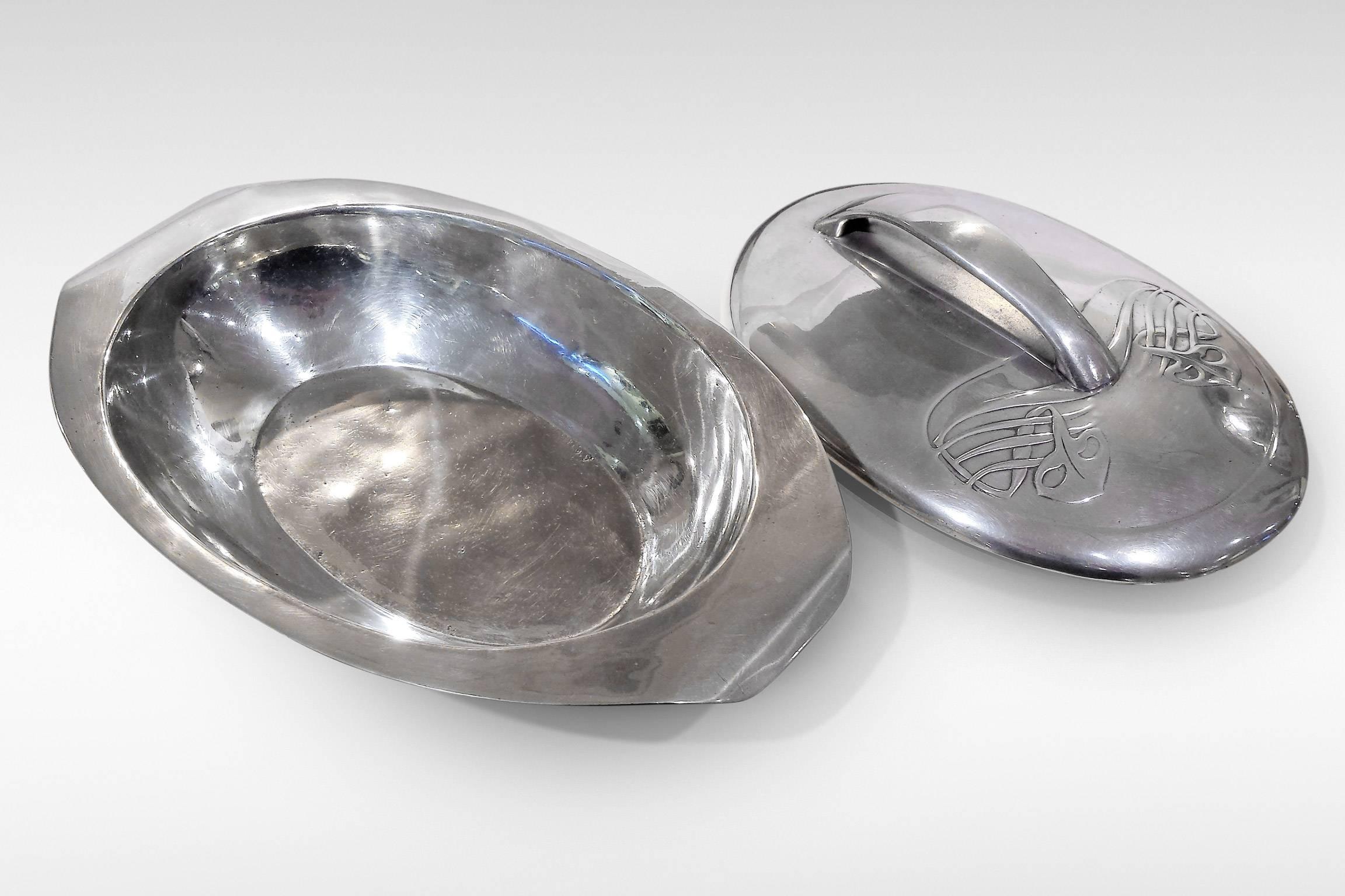 Early 20th Century Art Nouveau Oval Pewter 'Tudric' Muffin Dish with Lid by Liberty & Co.