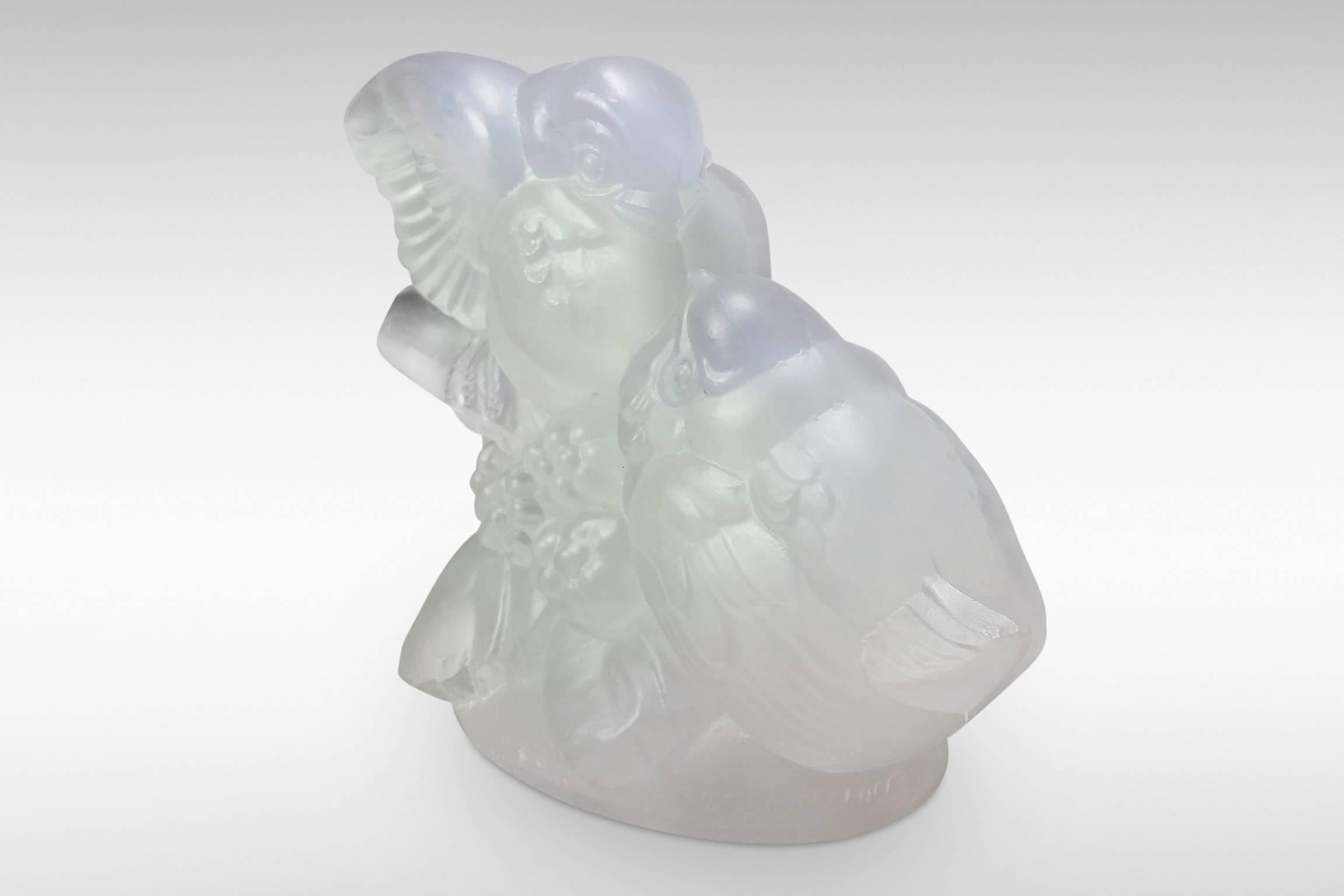 A delightful Art Deco figurine of a pair of love birds, 'Les Inseparables', in opalescant glass by Sabino.
Marked 'Sabino France', 
circa 1930.