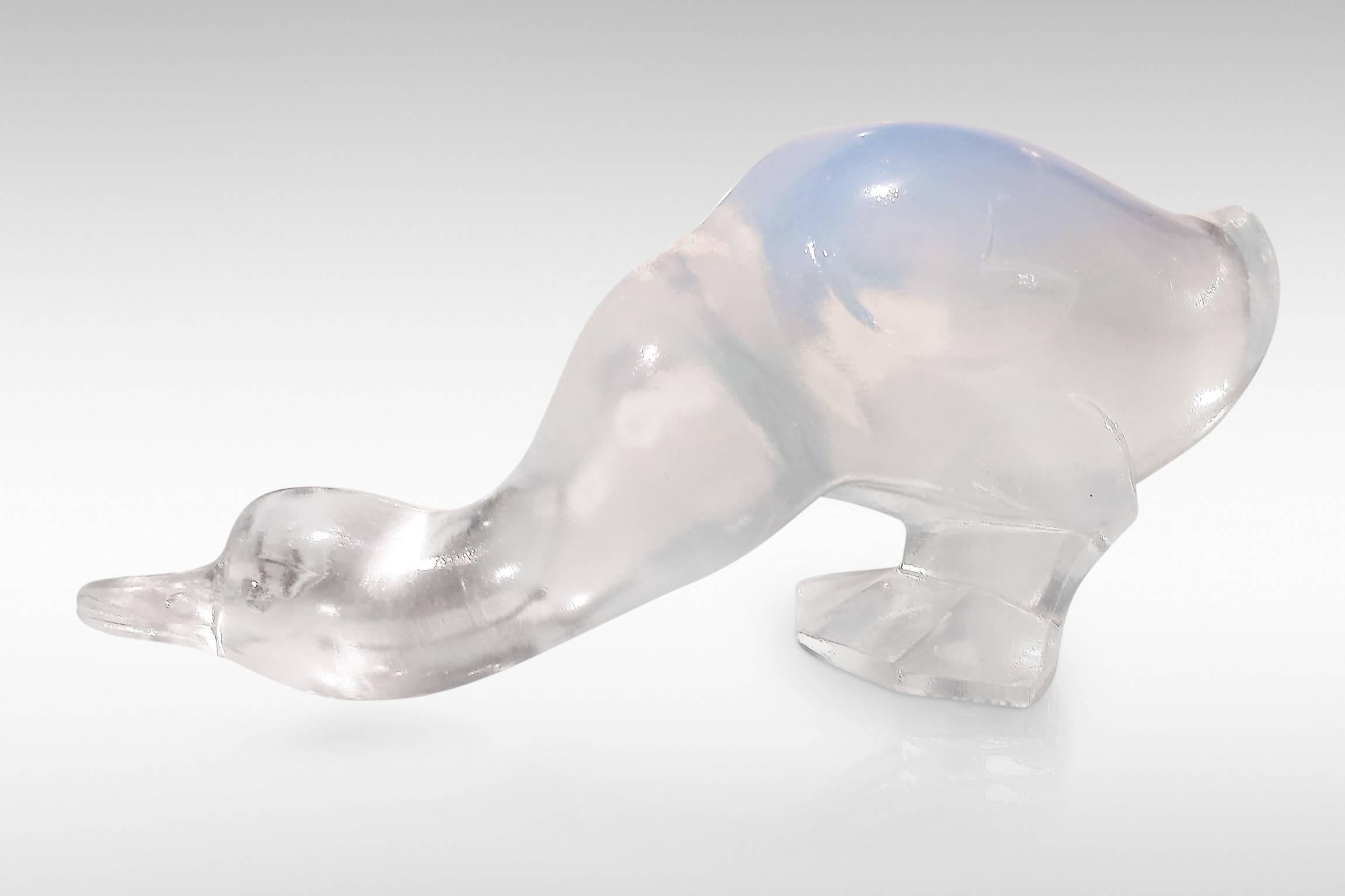 French Art Deco Opalescent Glass Duck by Ferjac For Sale