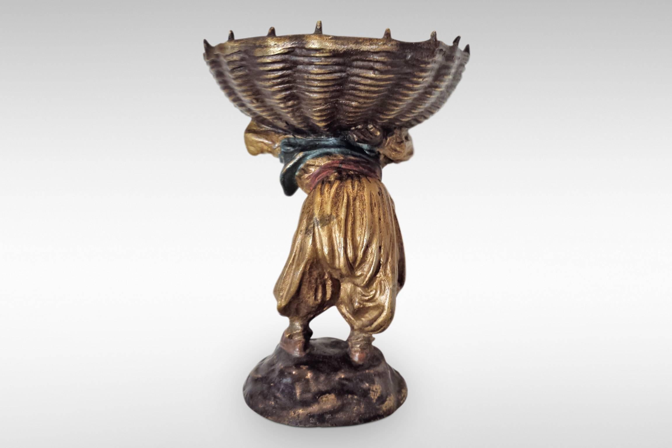 Arts and Crafts Boy Carrying a Basket a Bronze Sculpture by Franz Bergman For Sale