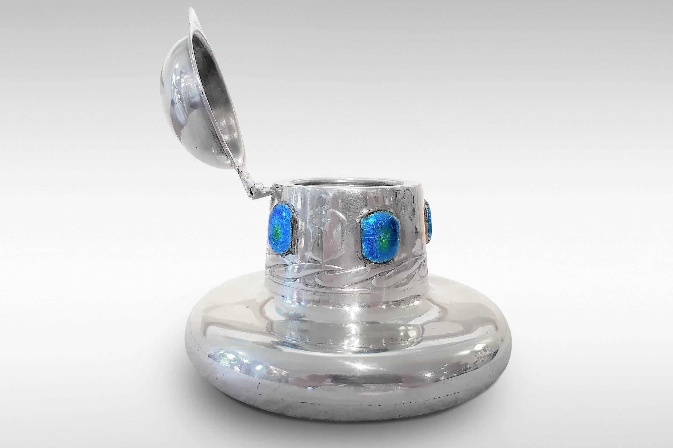 British Archibald Knox for Liberty: a 'Tudric' Pewter Inkwell with Enamel Decoration