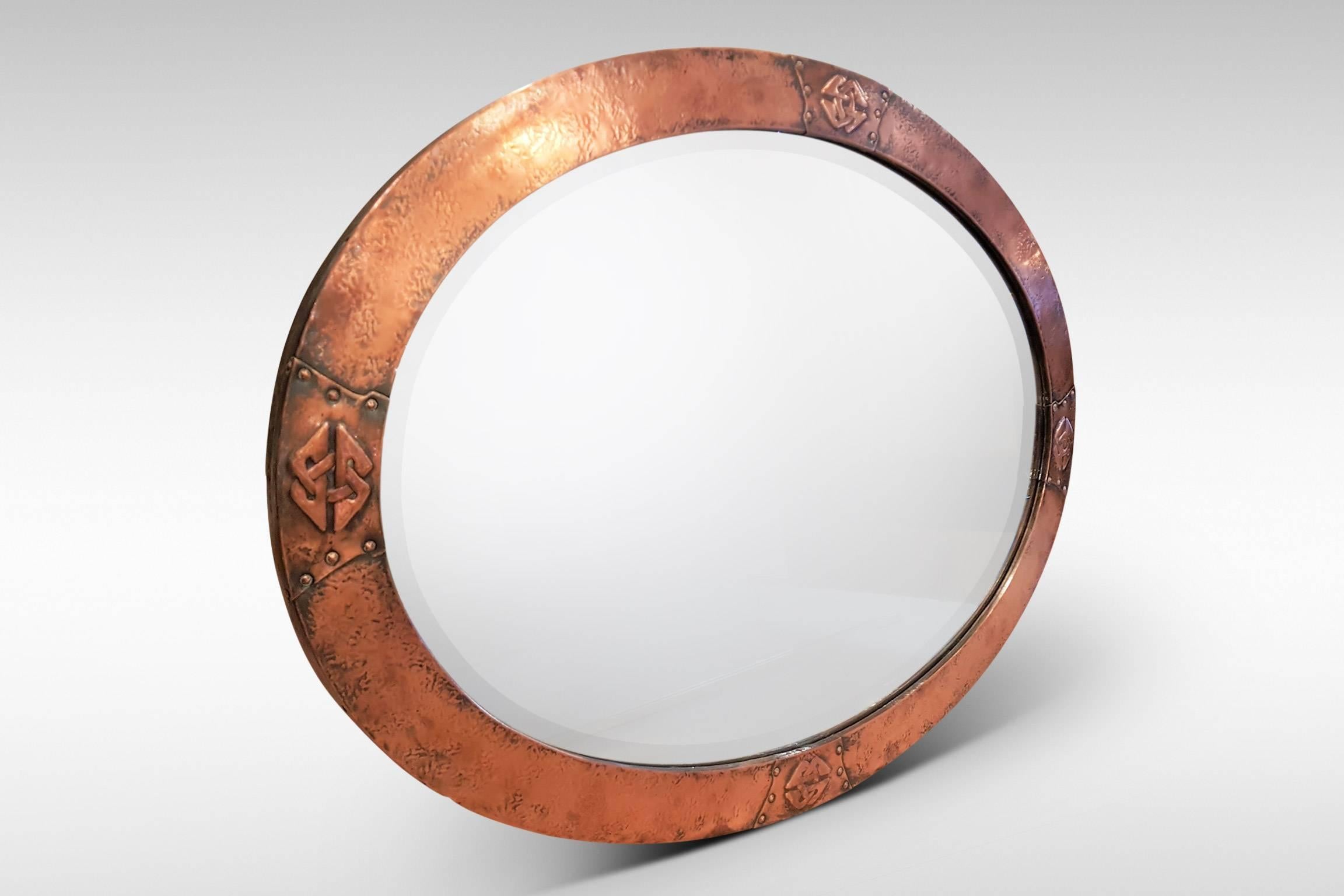 British Arts & Crafts Movement Copper Oval Mirror with Celtic Detailing