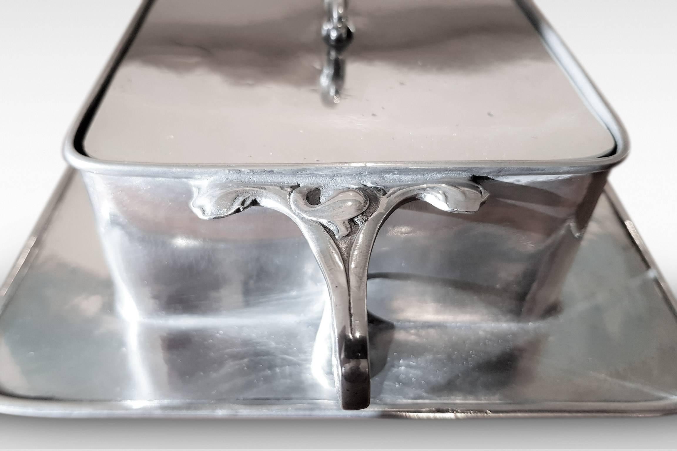 British Art Nouveau Pewter Butter Dish with Maiden Motif attributed to Kate Harris