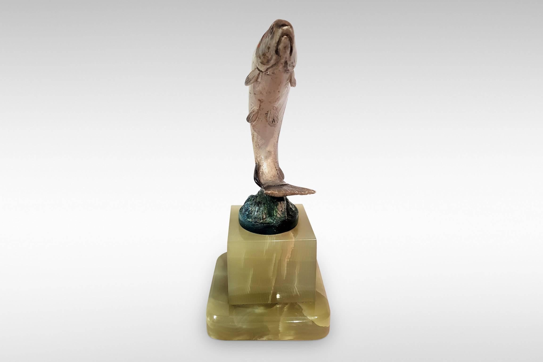 'Leaping Trout', is a dramatic cold-painted Bronze by renowned Viennese sculptor Franz Bergman,
circa 1900.