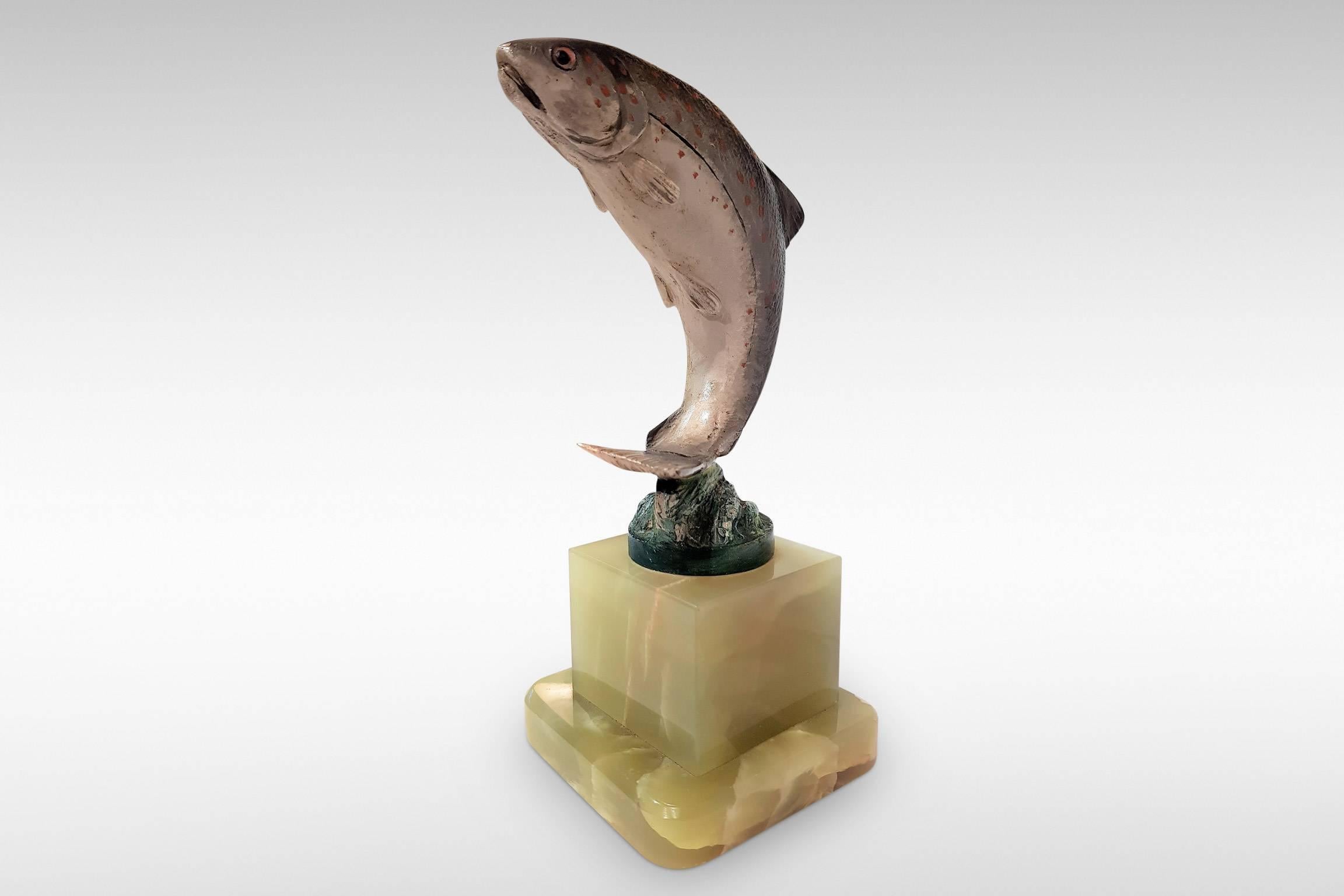 Art Nouveau 'Leaping Trout', a Cold-Painted Bronze by Franz Bergman