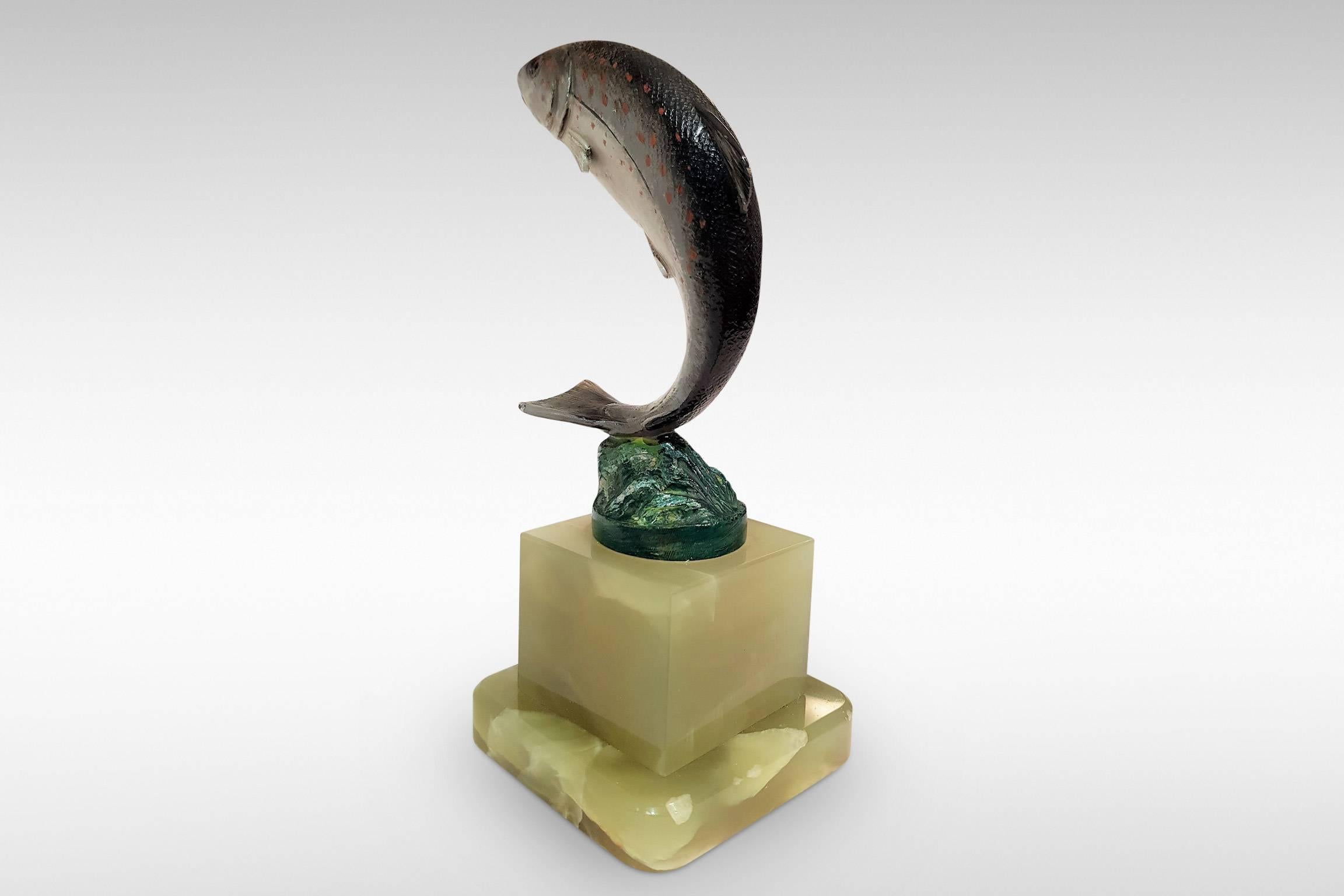'Leaping Trout', a Cold-Painted Bronze by Franz Bergman 1