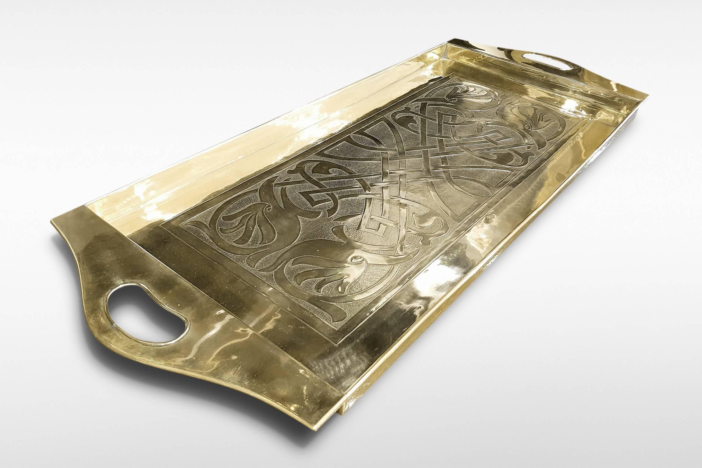 British Arts and Crafts Brass Tray with Zoomorphic Design