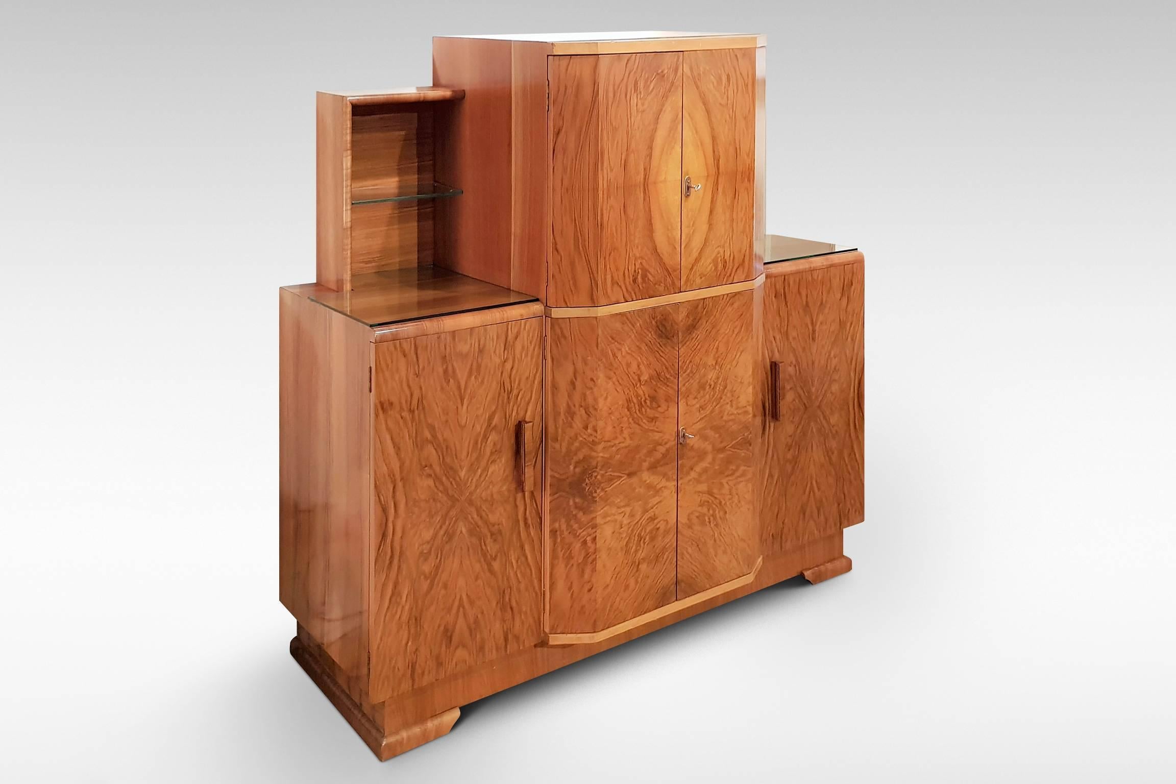 British Art Deco Cocktail Sideboard in Figured Walnut Veneers