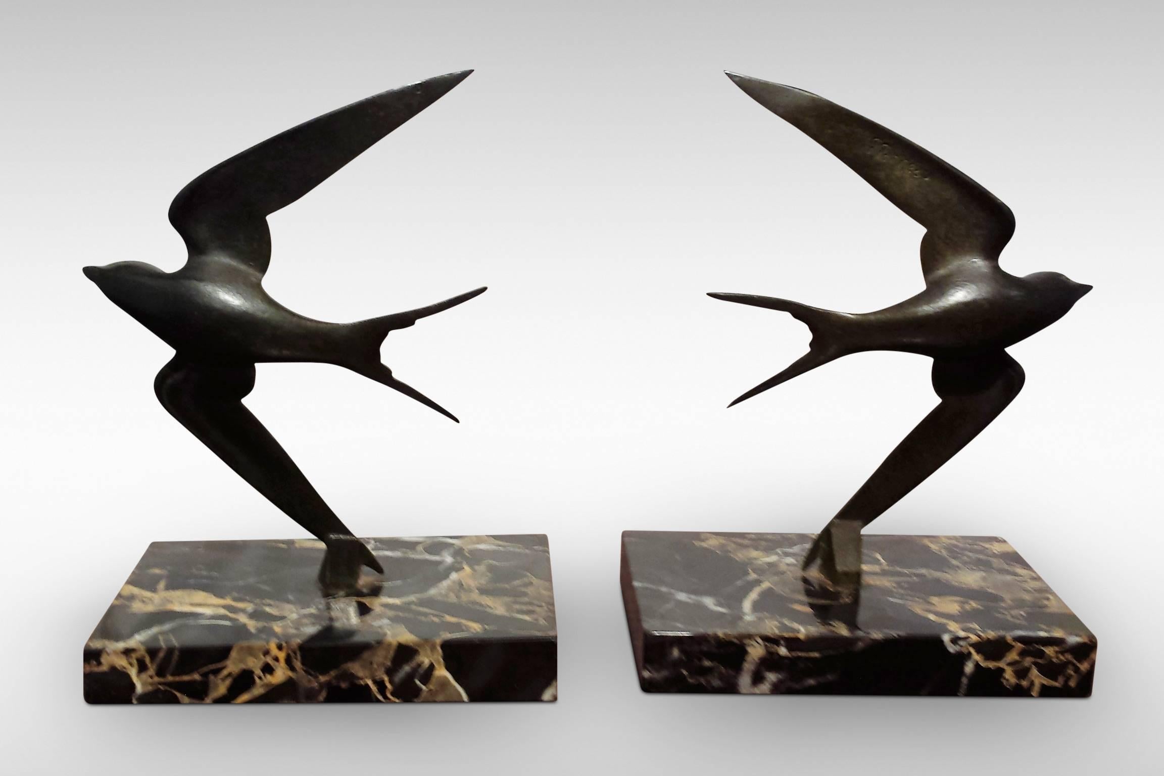 Original Art Deco Swallows Bronze Bookends by Georges Garreau, circa 1925 In Excellent Condition For Sale In Kent, GB