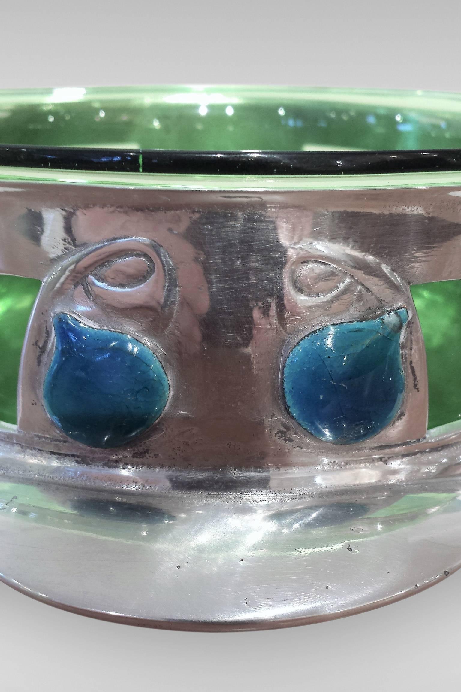 Archibald Knox for Liberty: A 'Tudric' Pewter Rose Bowl with Enamel In Good Condition In Kent, GB