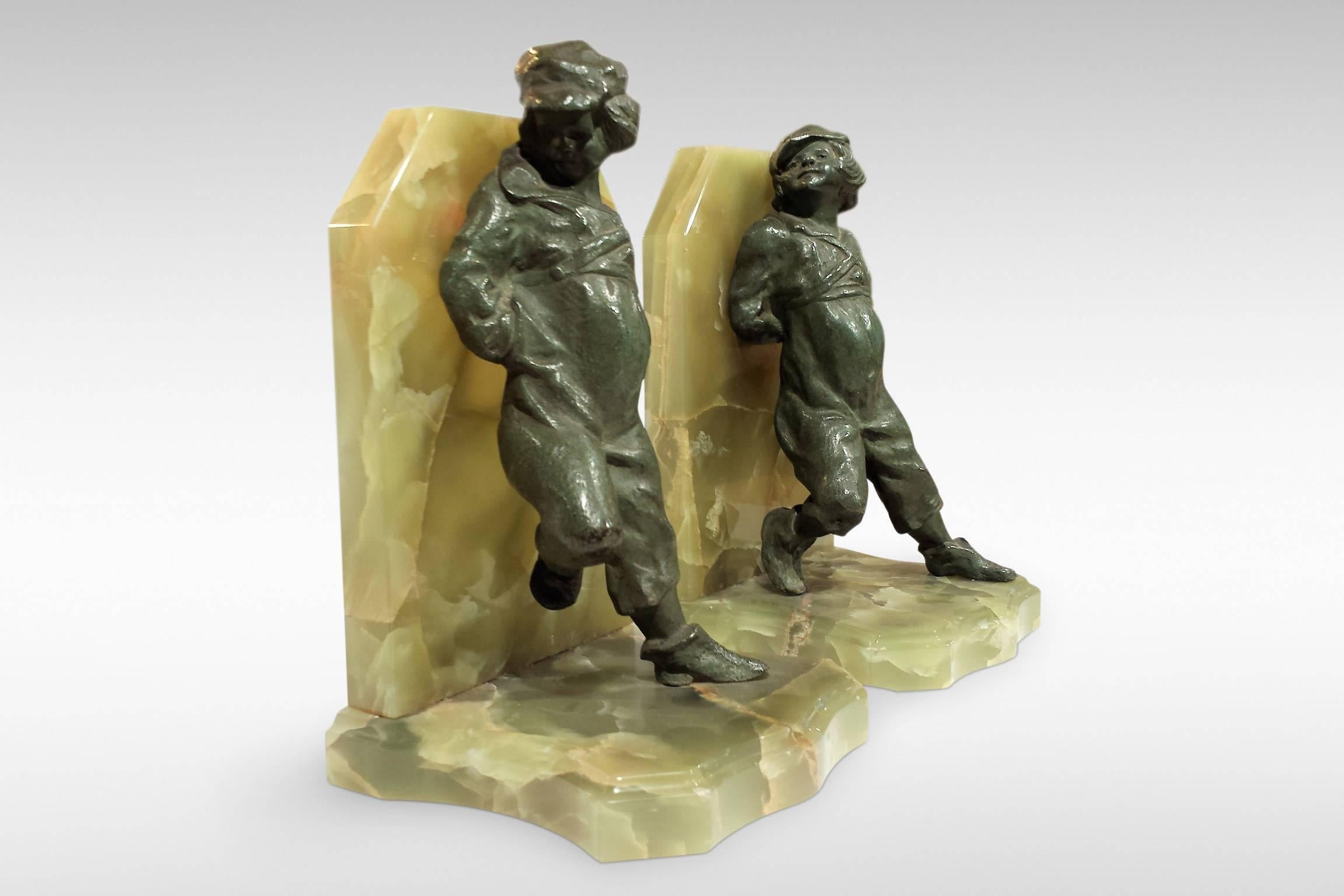 'Young Lads', Pair of Art Deco Bookends in Bronze and Onyx by Henri Molins In Good Condition In Kent, GB