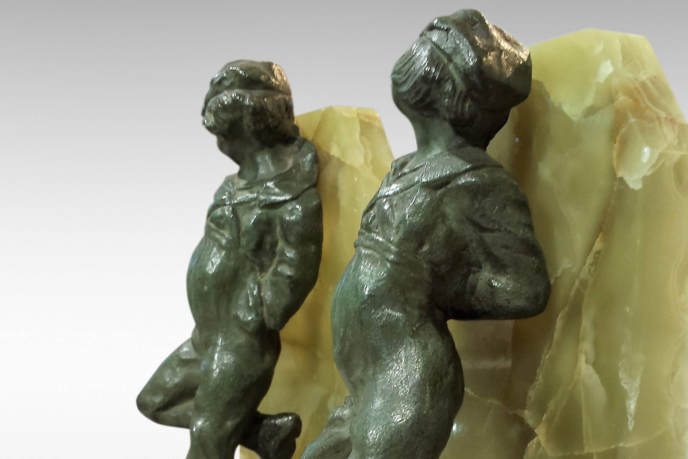 20th Century 'Young Lads', Pair of Art Deco Bookends in Bronze and Onyx by Henri Molins