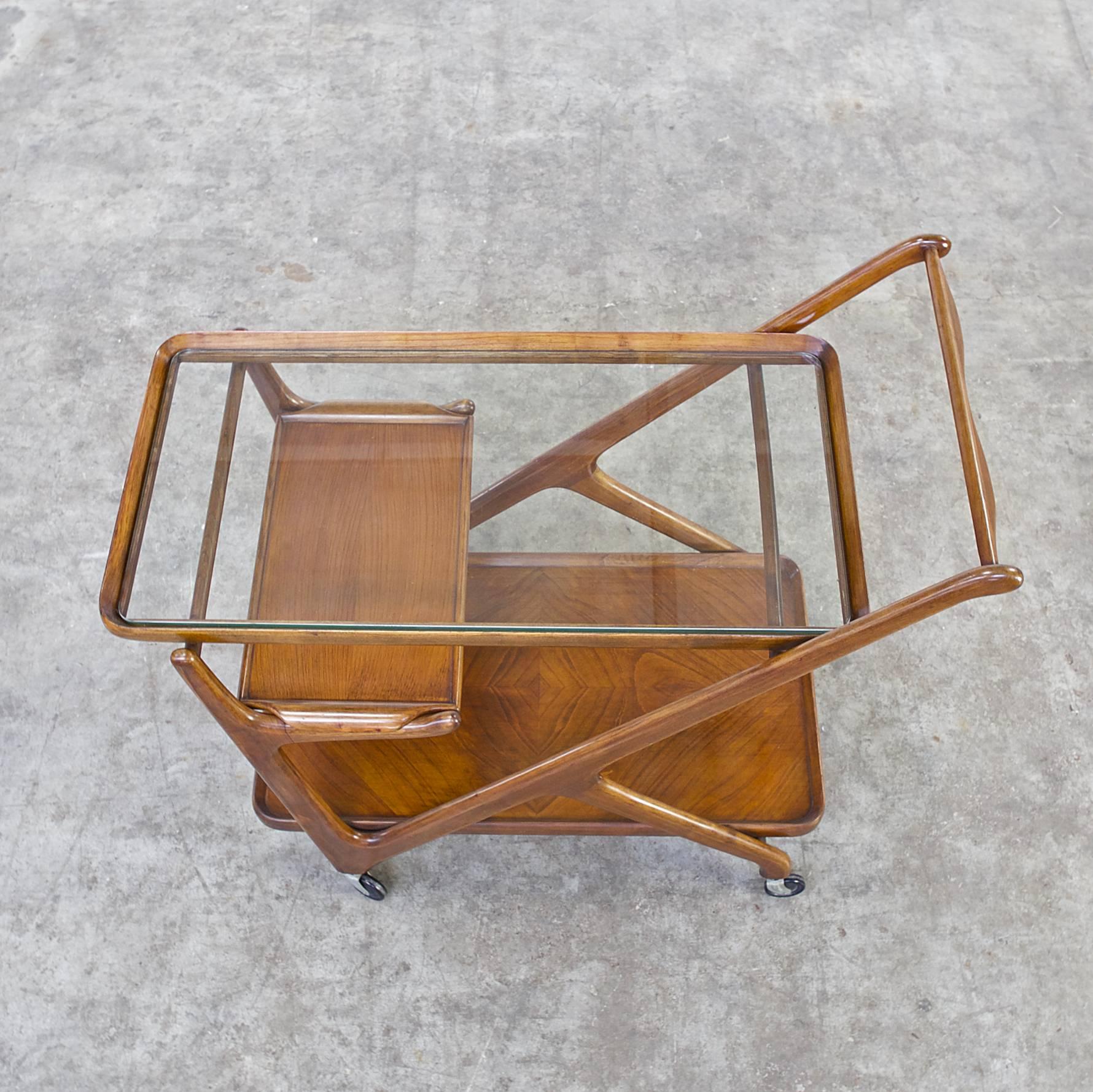 Glass 1950s Mahogany Cesare Lacca Thee Trolley, Serving Bar for Cassina For Sale