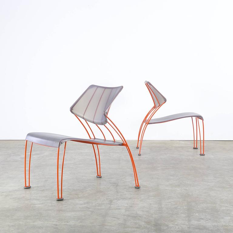 One set of two 1990s Monika Mulder ‘PS Hasslo’ chairs for Ikea. Beautiful design. Transparent acrylic seat, orange metal frames. Good condition, wear consistent with age and use. Dimensions: 49cm (W) x 72cm (D) x 78cm (H).