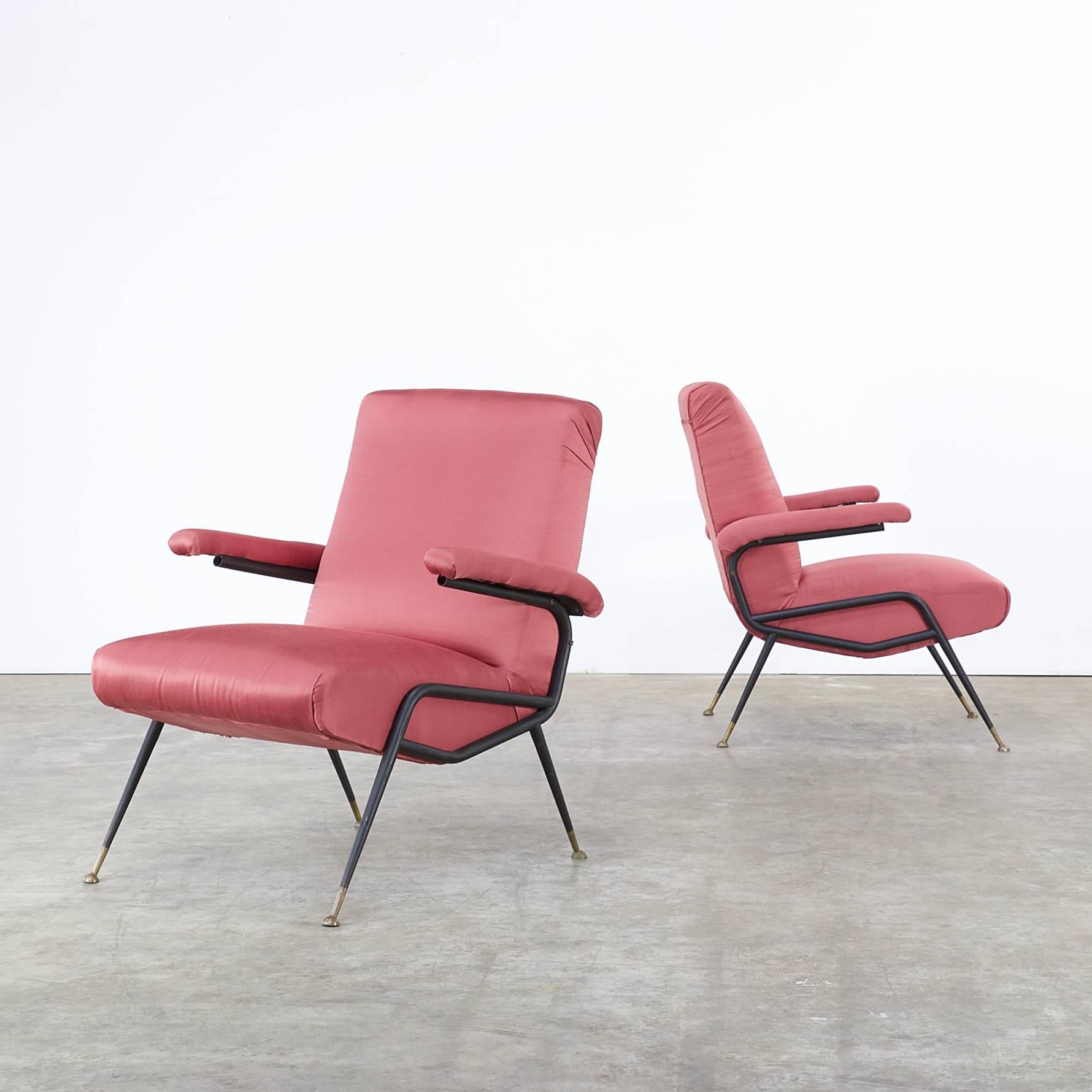 One set of two 1960s Italian design chair in old red fabric, set of two. Metal frame, brass socks, Good condition, wear consistent with age and use. Dimensions: 64cm (W) x 68cm (D) x 82cm (H), seat H 38cm.